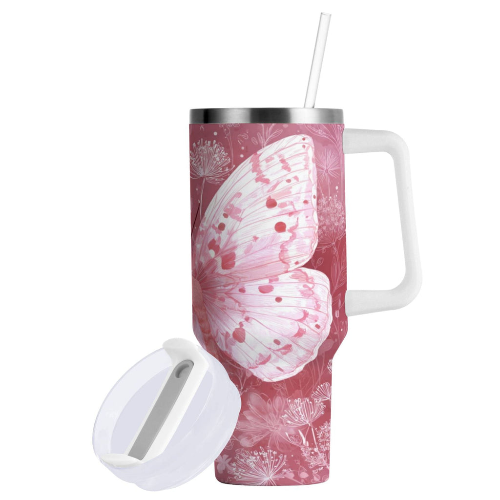 30 oz Insulated Stainless Steel Tumbler Double Wall Stainless Steel Tumbler with 2-Way Drinking Soft Pink Butterfly - Pick 641