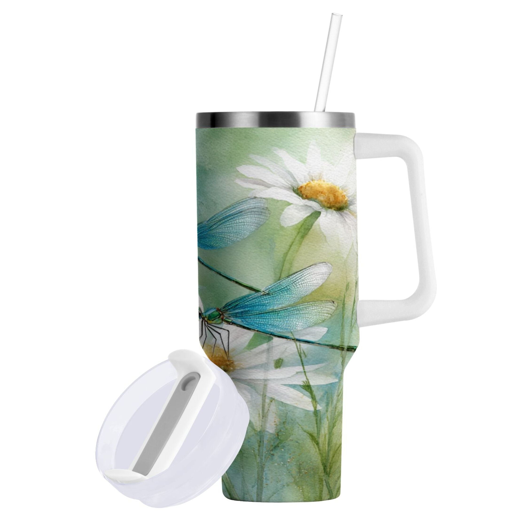 30 oz Insulated Stainless Steel Tumbler Double Wall Stainless Steel Tumbler with 2-Way Drinking Beautiful Dragonflies and Daisies - Pick 172