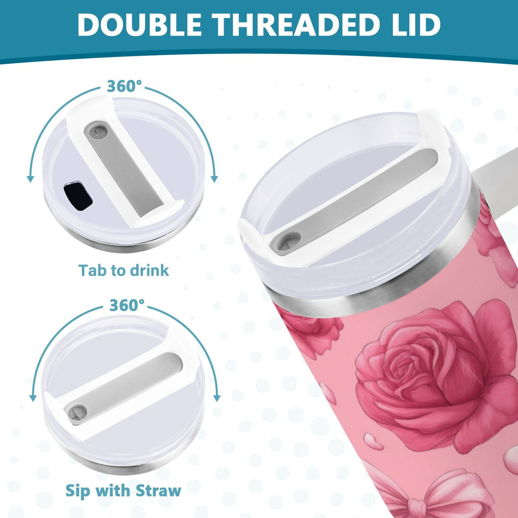 40 oz Insulated Stainless Steel Tumbler Double Wall Stainless Steel Tumbler with 2-Way Drinking Roses and Bows Pattern - Pick 960