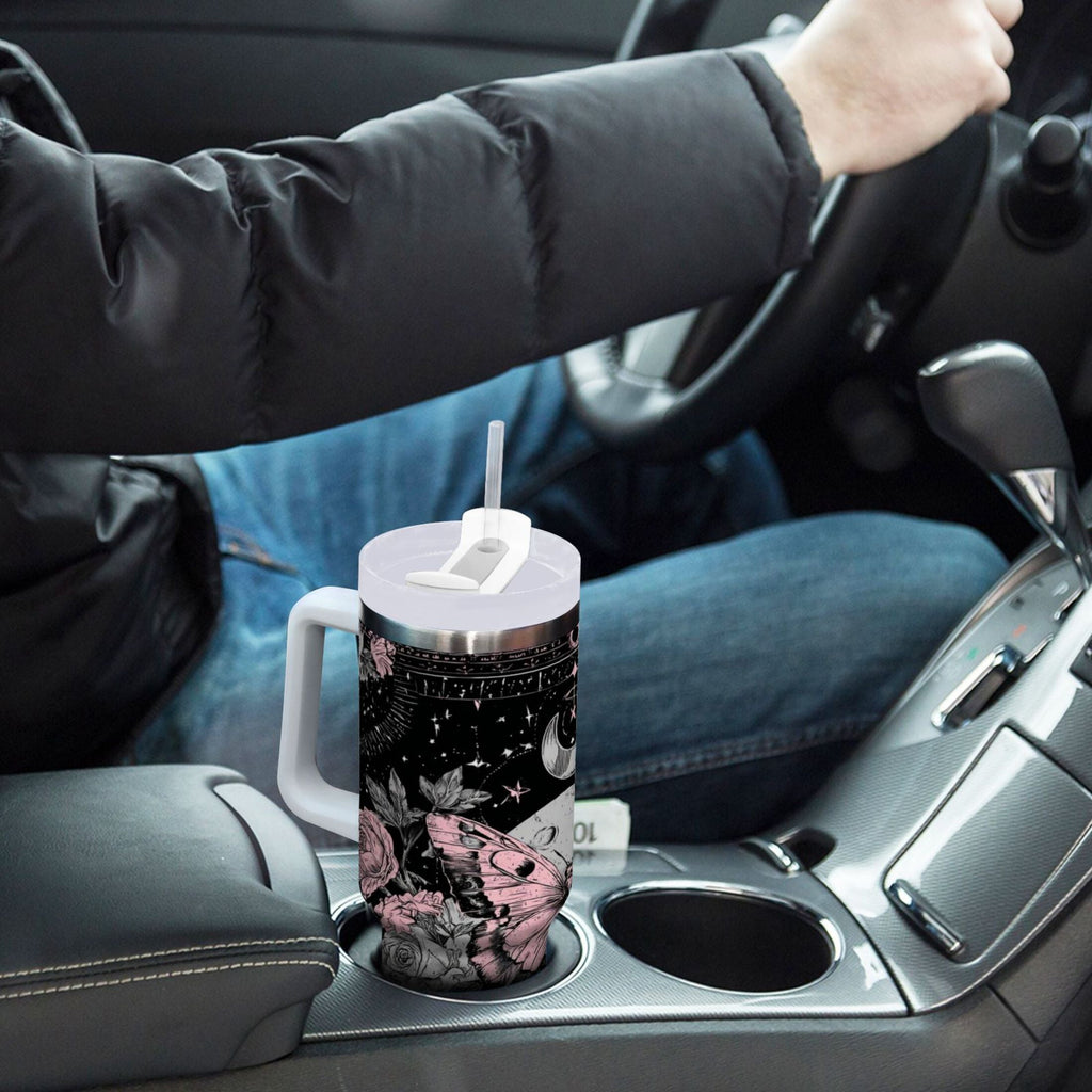 30 oz Insulated Stainless Steel Tumbler Double Wall Stainless Steel Tumbler with 2-Way Drinking Butterfly by Moon and Flowers - Pick 931