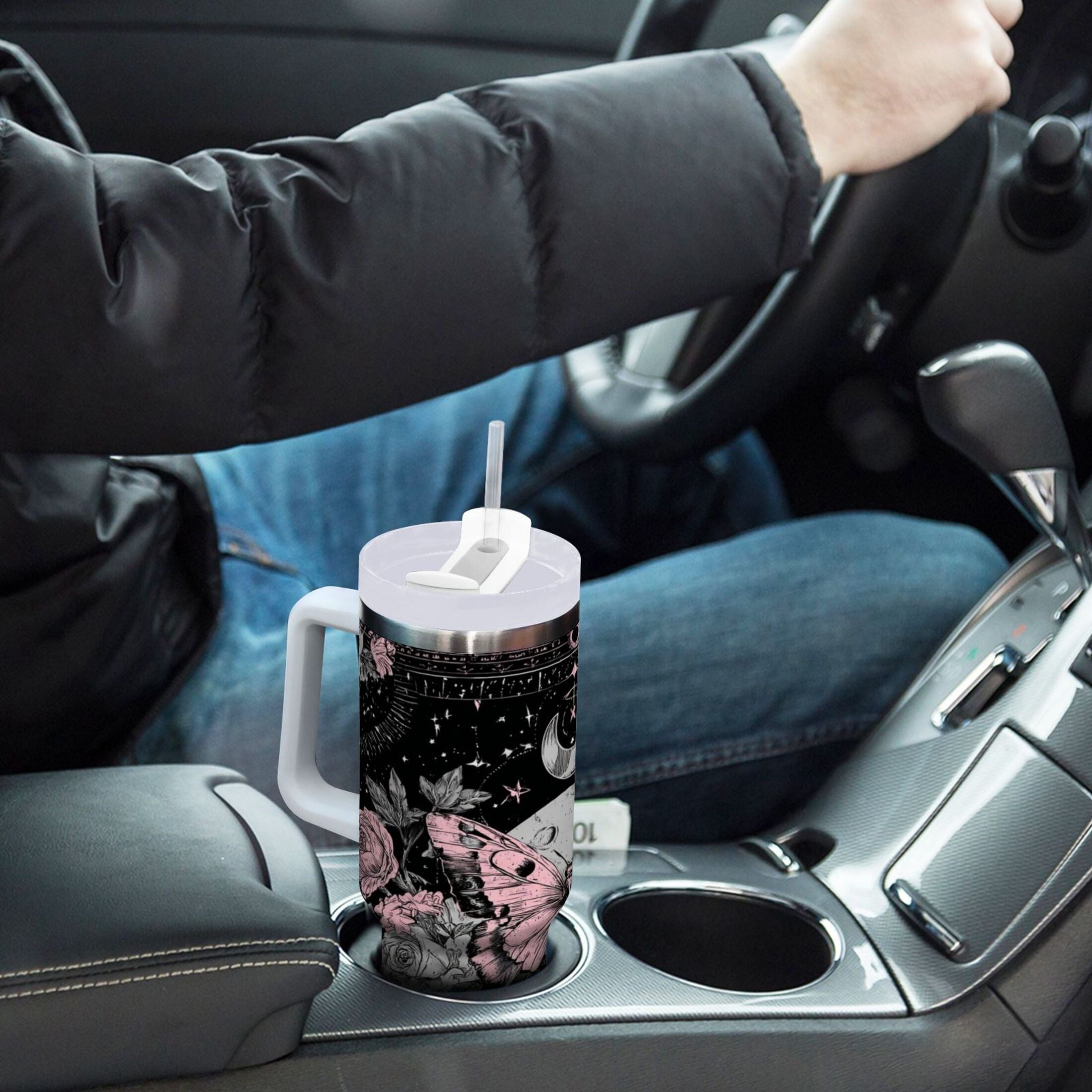 30 oz Insulated Stainless Steel Tumbler Double Wall Stainless Steel Tumbler with 2-Way Drinking Butterfly by Moon and Flowers - Pick 931