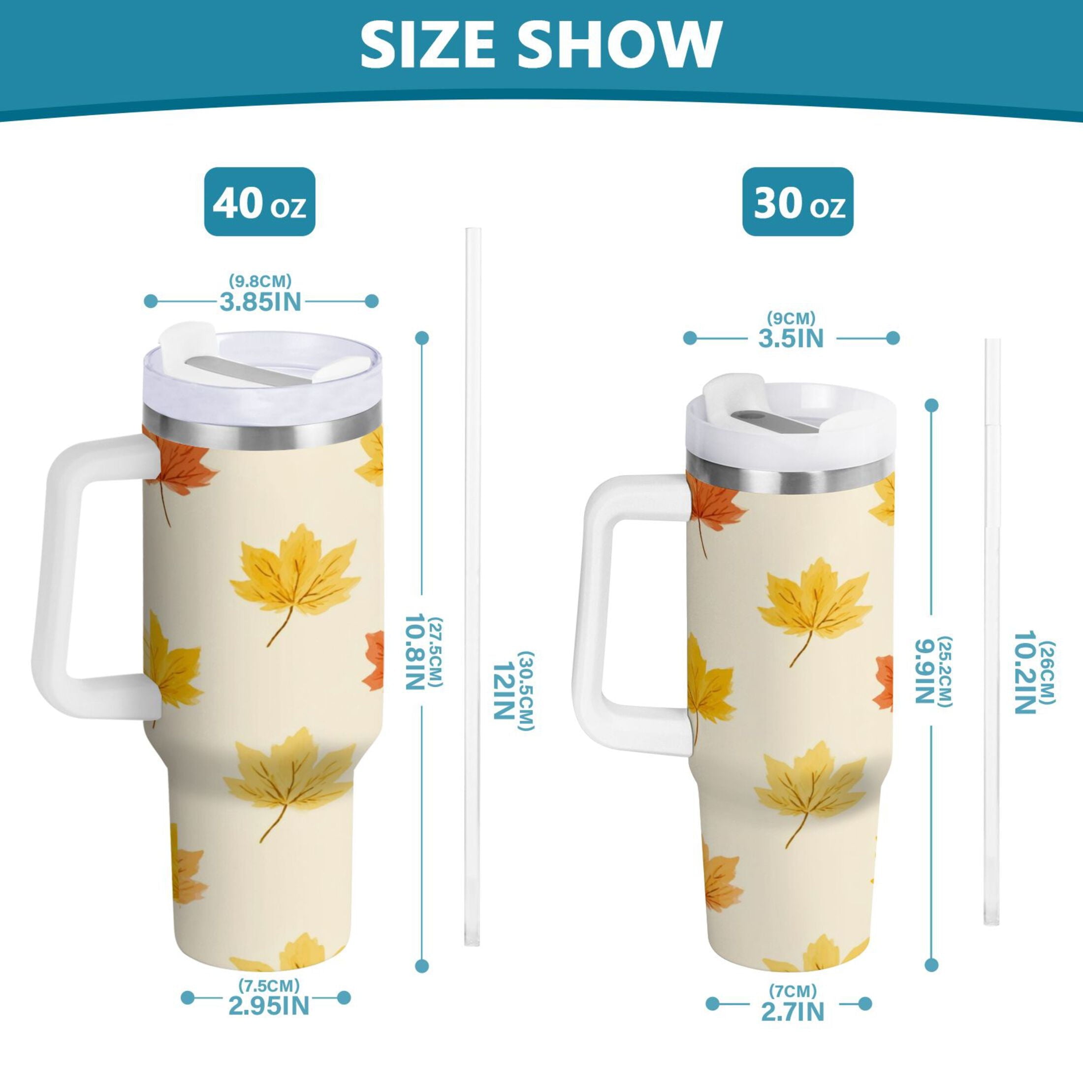 40 oz Insulated Stainless Steel Tumbler Double Wall Stainless Steel Tumbler with 2-Way Drinking Yellow Maple Leaves Pattern - Pick 447