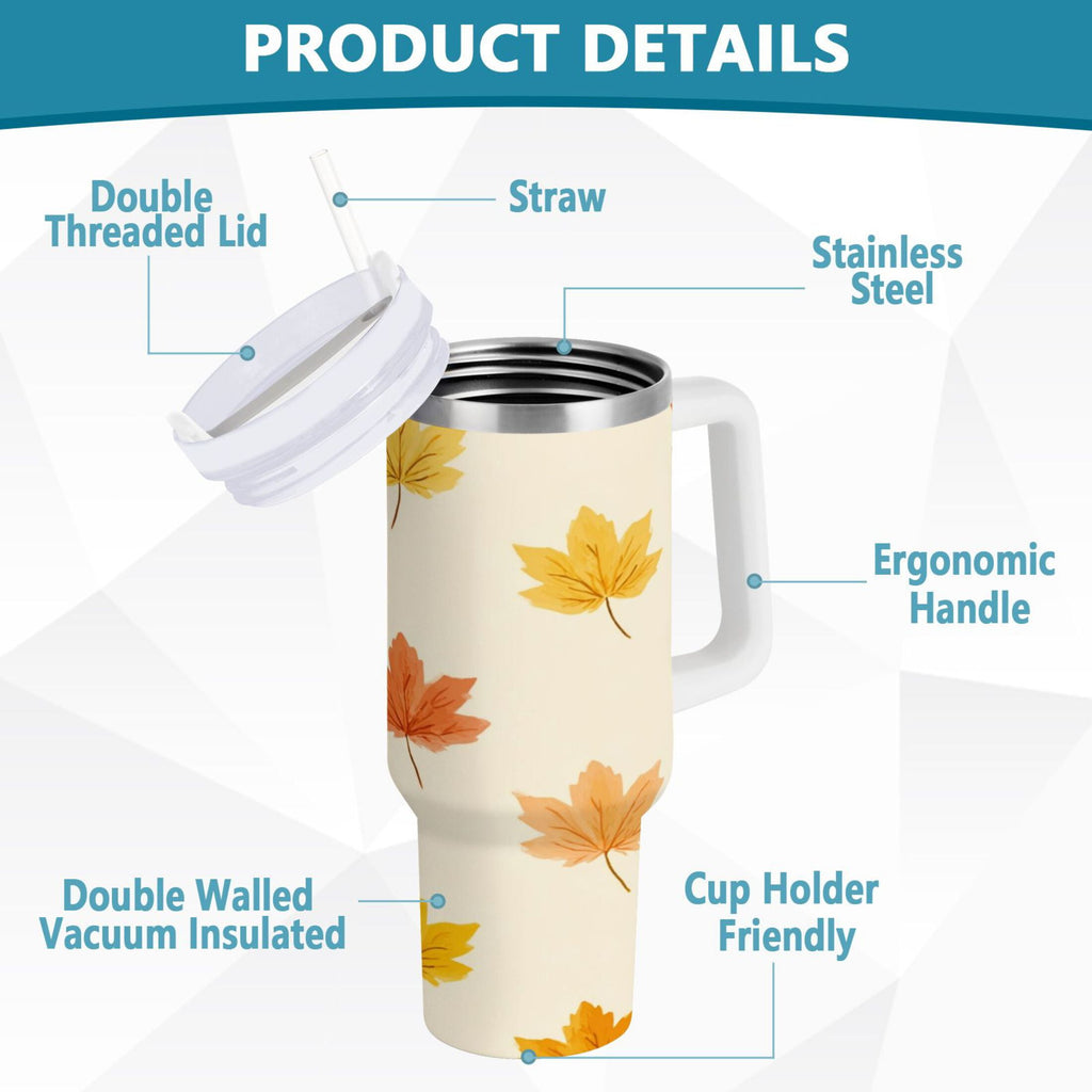 40 oz Insulated Stainless Steel Tumbler Double Wall Stainless Steel Tumbler with 2-Way Drinking Yellow Maple Leaves Pattern - Pick 447