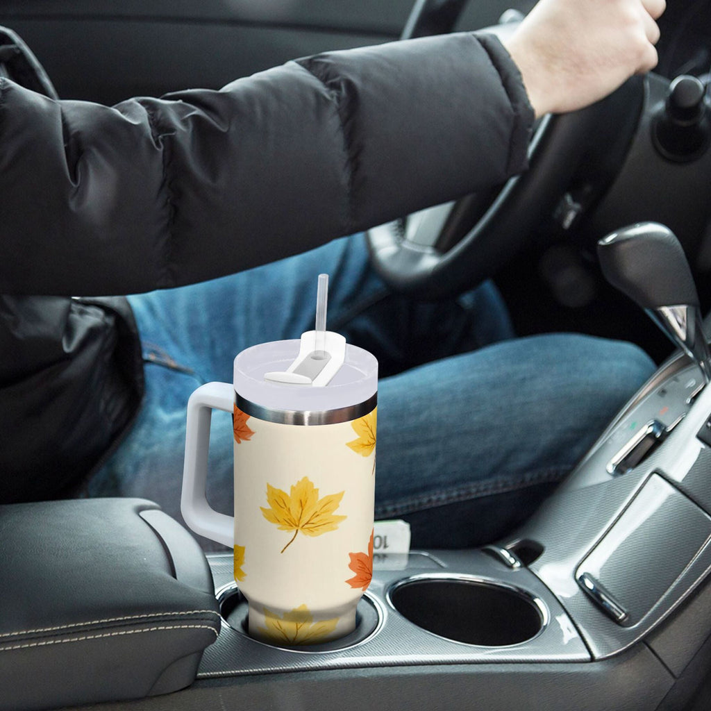40 oz Insulated Stainless Steel Tumbler Double Wall Stainless Steel Tumbler with 2-Way Drinking Yellow Maple Leaves Pattern - Pick 447
