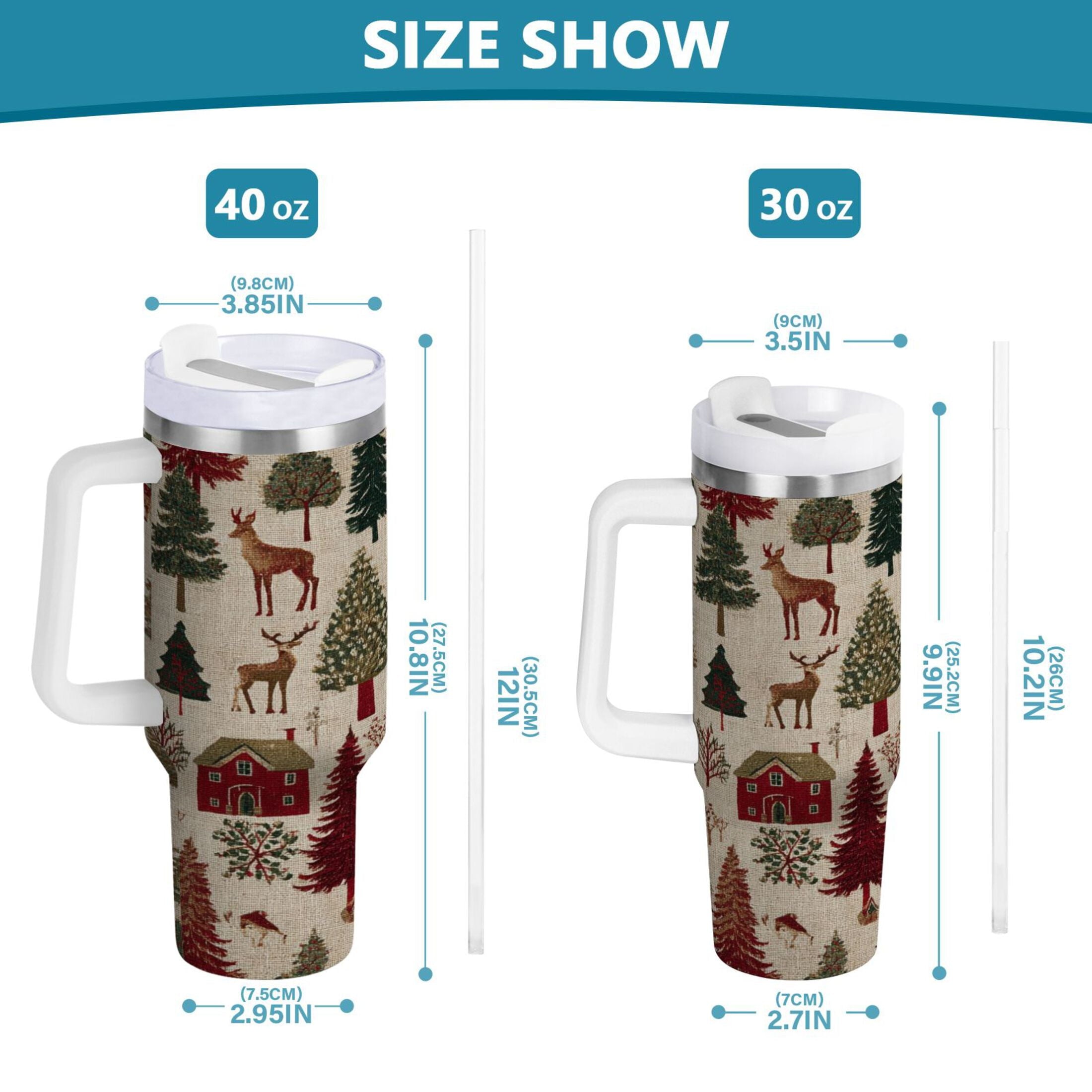 30 oz Insulated Stainless Steel Tumbler Double Wall Stainless Steel Tumbler with 2-Way Drinking Christmas Trees Deer and Houses - Pick 981