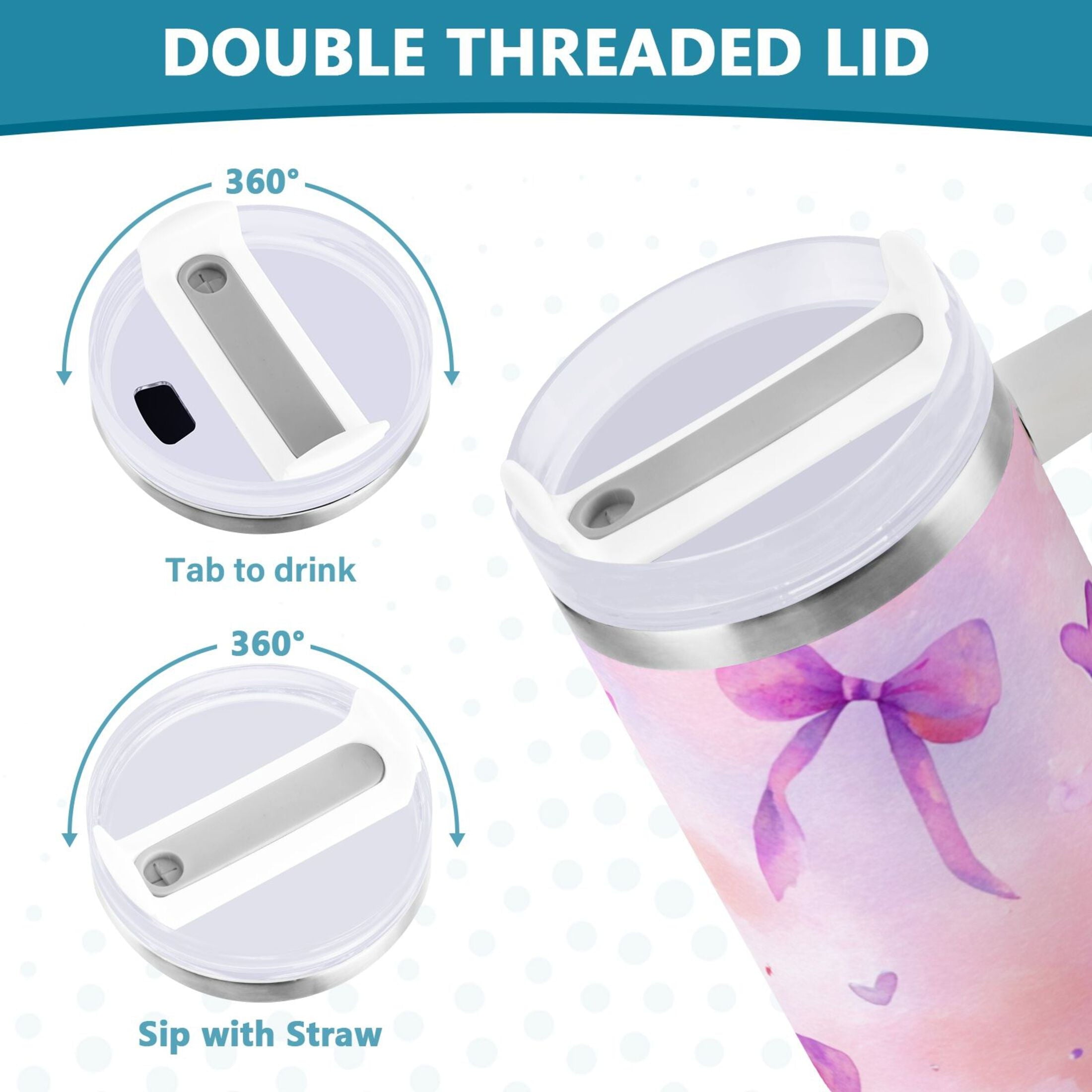 30 oz Insulated Stainless Steel Tumbler Double Wall Stainless Steel Tumbler with 2-Way Drinking Watercolor Purple Bows - Pick 260