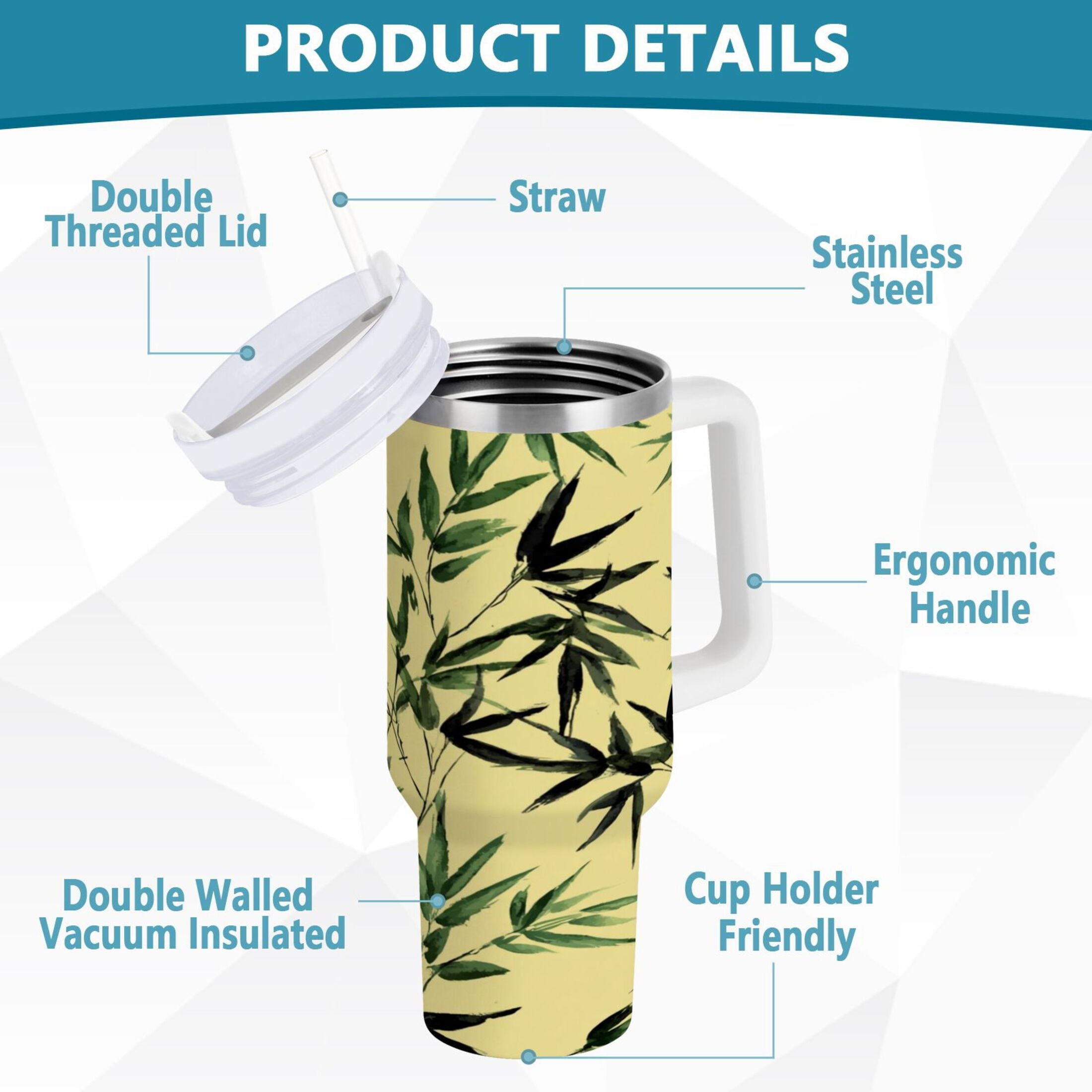 30 oz Insulated Stainless Steel Tumbler Double Wall Stainless Steel Tumbler with 2-Way Drinking Bamboo and Green Leaves - Pick 645
