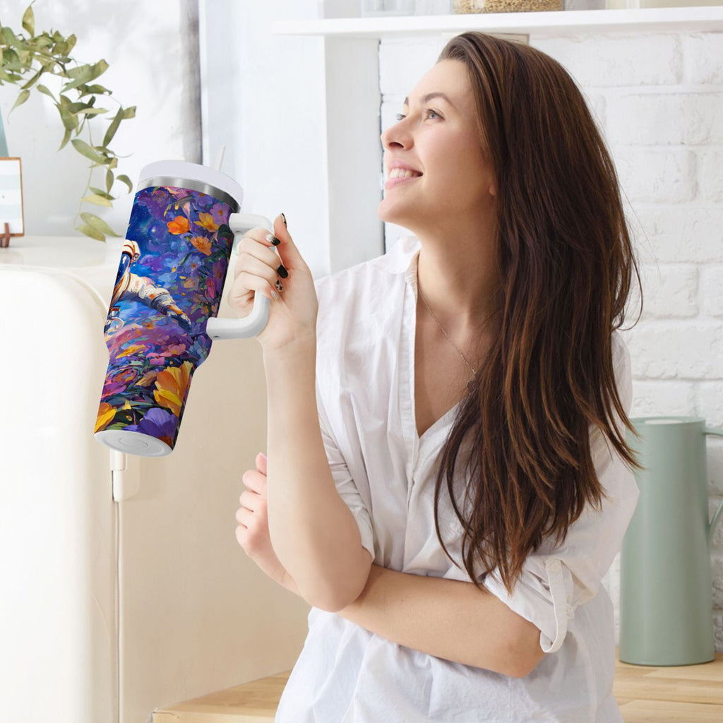 40 oz Insulated Stainless Steel Tumbler Double Wall Stainless Steel Tumbler with 2-Way Drinking Astronaut and Colorful Flowers - Pick 978