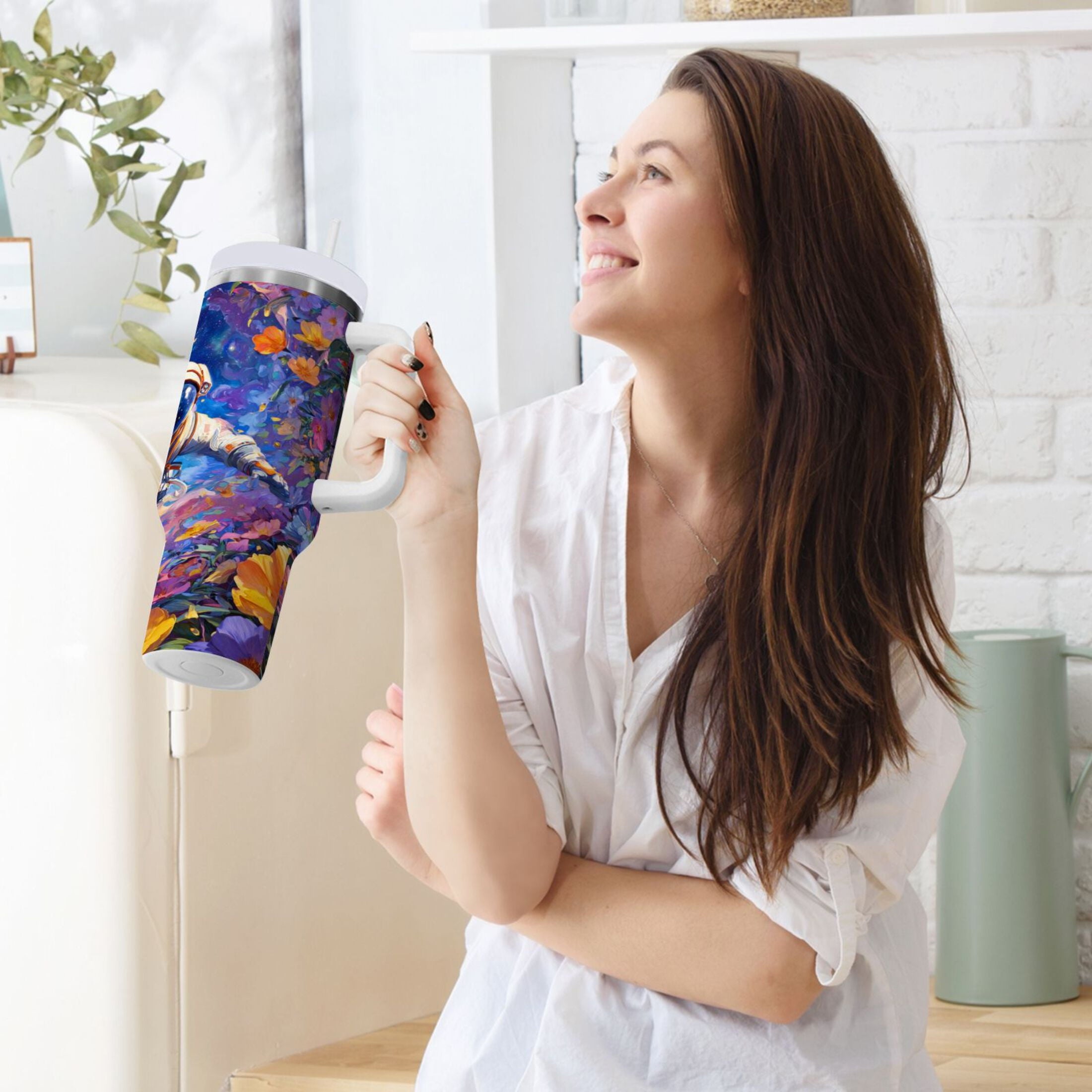 40 oz Insulated Stainless Steel Tumbler Double Wall Stainless Steel Tumbler with 2-Way Drinking Astronaut and Colorful Flowers - Pick 978