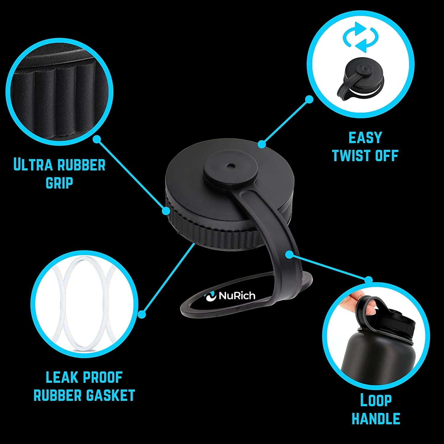 NuRich Loop Top Lid for Wide Mouth Hydro Flask, Nalgene &amp; Simple Water Bottles - Pick 682