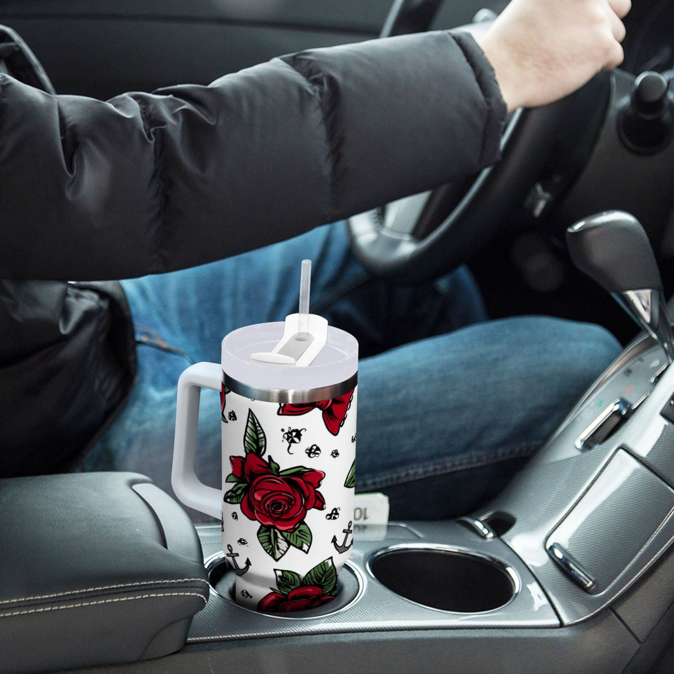 40 oz Insulated Stainless Steel Tumbler Double Wall Stainless Steel Tumbler with 2-Way Drinking Red Roses and Cherries - Pick 206