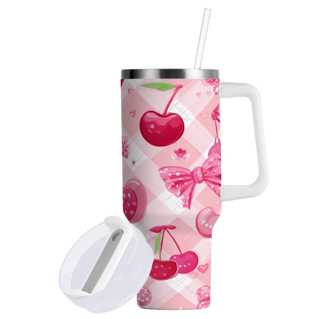 30 oz Insulated Stainless Steel Tumbler Double Wall Stainless Steel Tumbler with 2-Way Drinking Cherry and Pink Bow Pattern - Pick 760