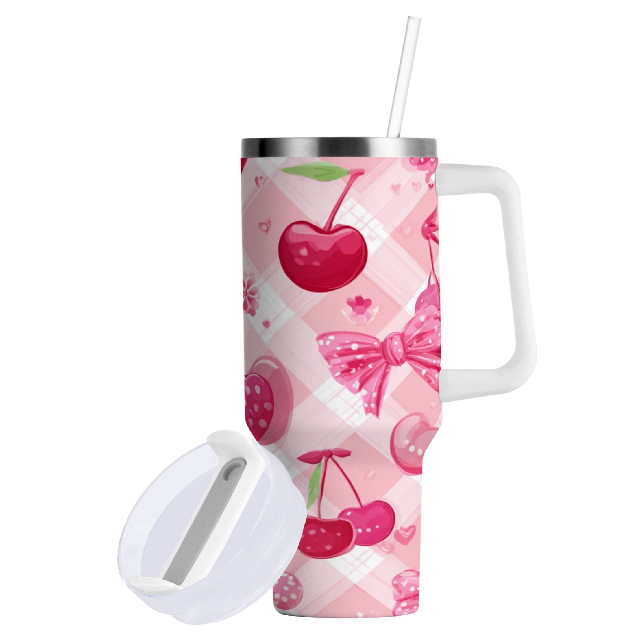 30 oz Insulated Stainless Steel Tumbler Double Wall Stainless Steel Tumbler with 2-Way Drinking Cherry and Pink Bow Pattern - Pick 760