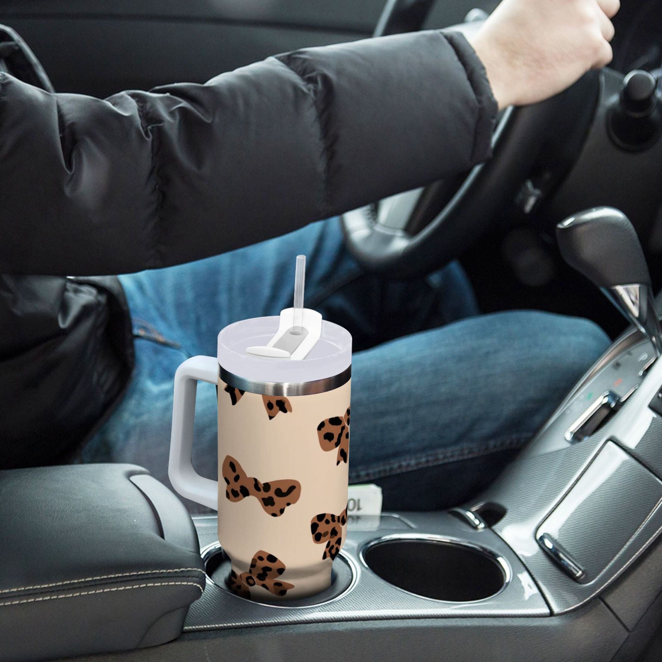 30 oz Insulated Stainless Steel Tumbler Double Wall Stainless Steel Tumbler with 2-Way Drinking Cute Brown Bow - Pick 387