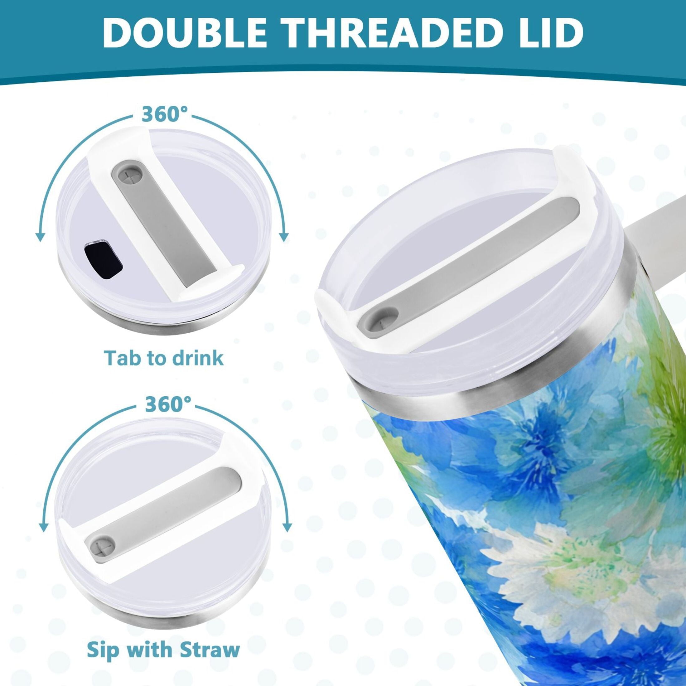 40 oz Insulated Stainless Steel Tumbler Double Wall Stainless Steel Tumbler with 2-Way Drinking Watercolor Blue Cornflowers - Pick 274