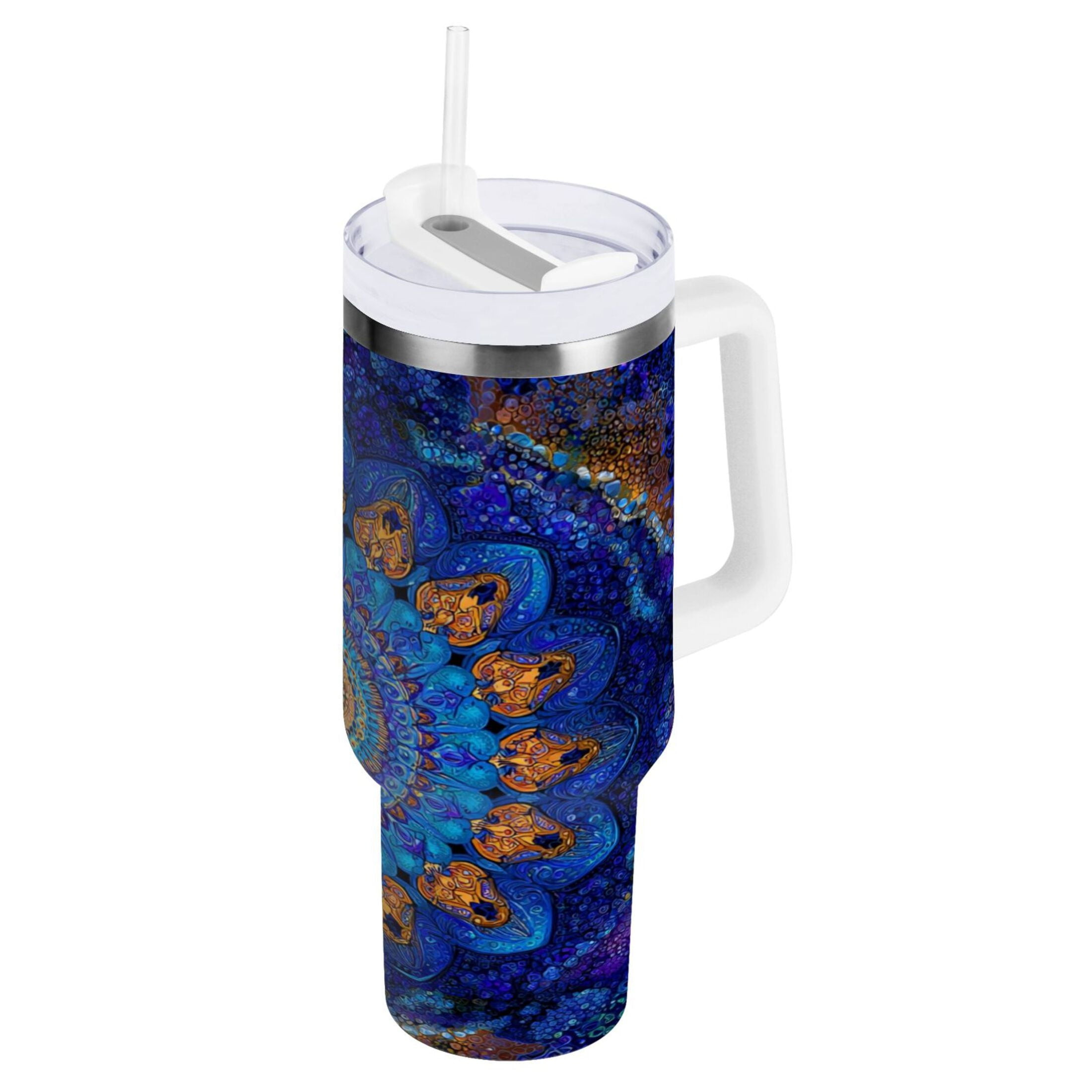 30 oz Insulated Stainless Steel Tumbler Double Wall Stainless Steel Tumbler with 2-Way Drinking Blue Kaleidoscopic Pattern - Pick 577