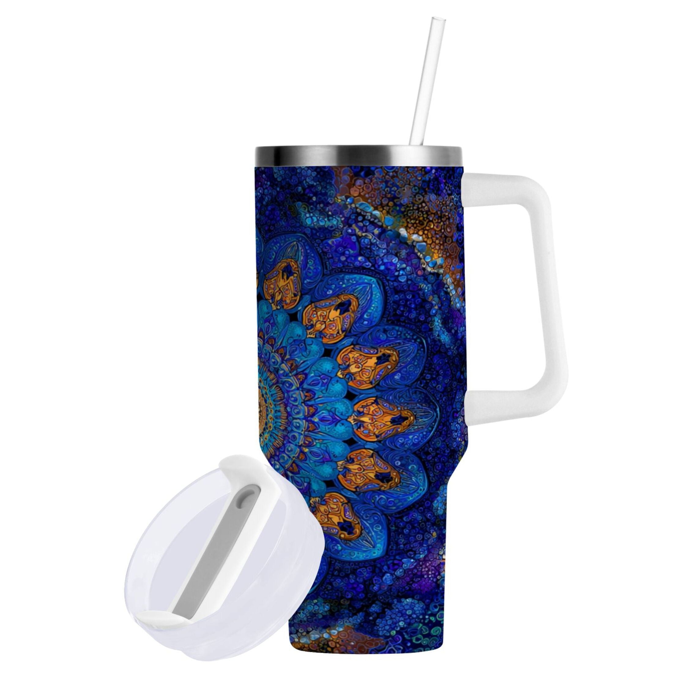30 oz Insulated Stainless Steel Tumbler Double Wall Stainless Steel Tumbler with 2-Way Drinking Blue Kaleidoscopic Pattern - Pick 577