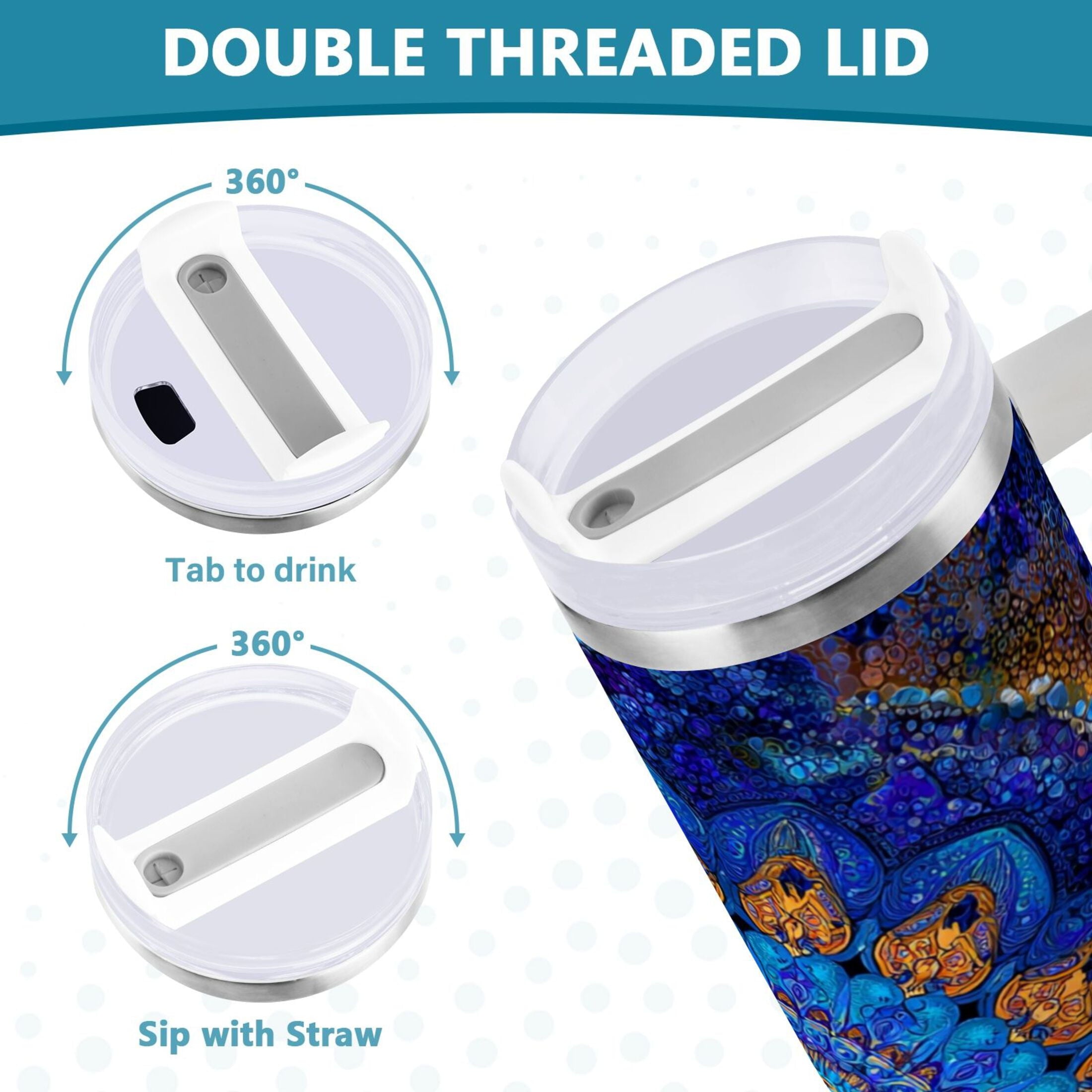 30 oz Insulated Stainless Steel Tumbler Double Wall Stainless Steel Tumbler with 2-Way Drinking Blue Kaleidoscopic Pattern - Pick 577