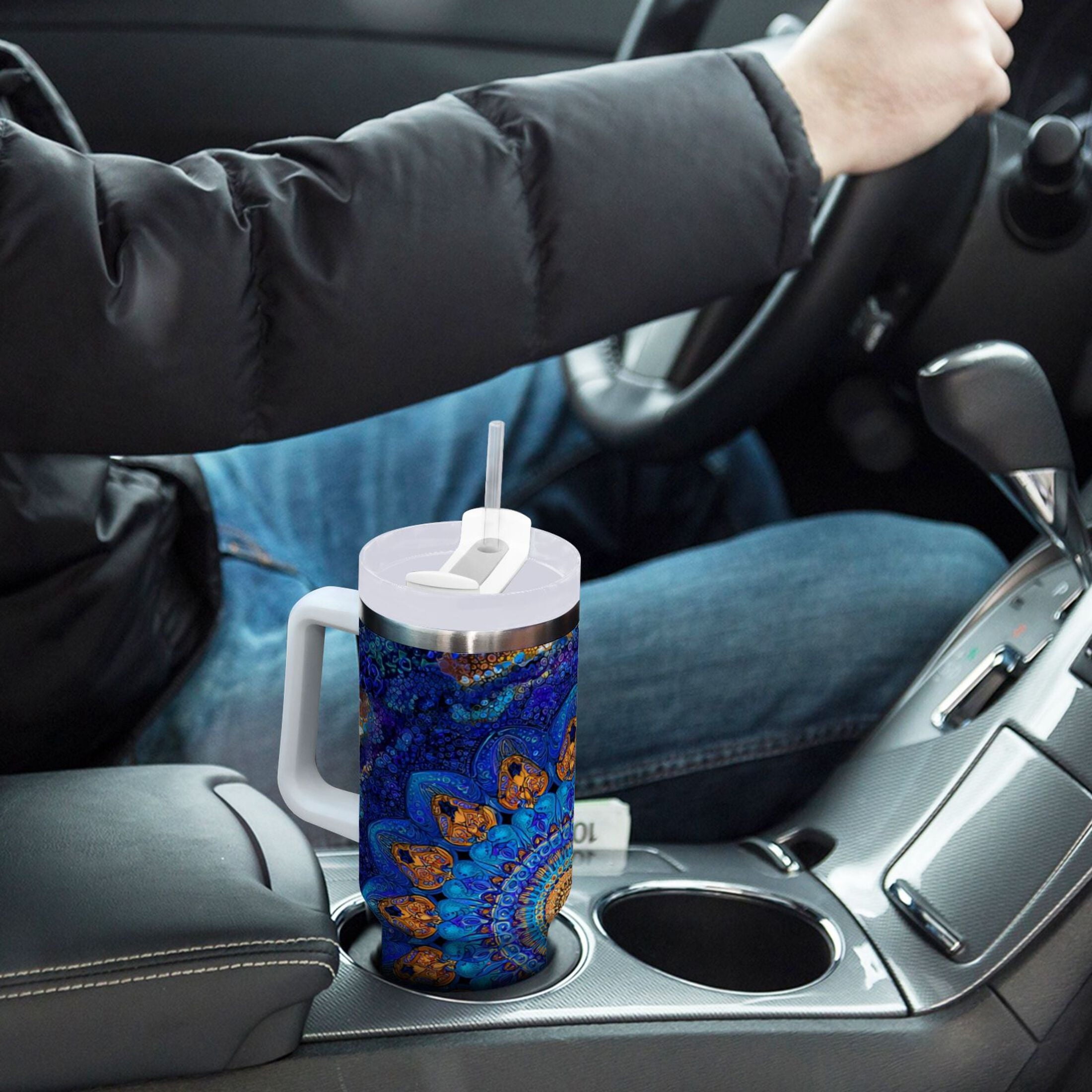 30 oz Insulated Stainless Steel Tumbler Double Wall Stainless Steel Tumbler with 2-Way Drinking Blue Kaleidoscopic Pattern - Pick 577