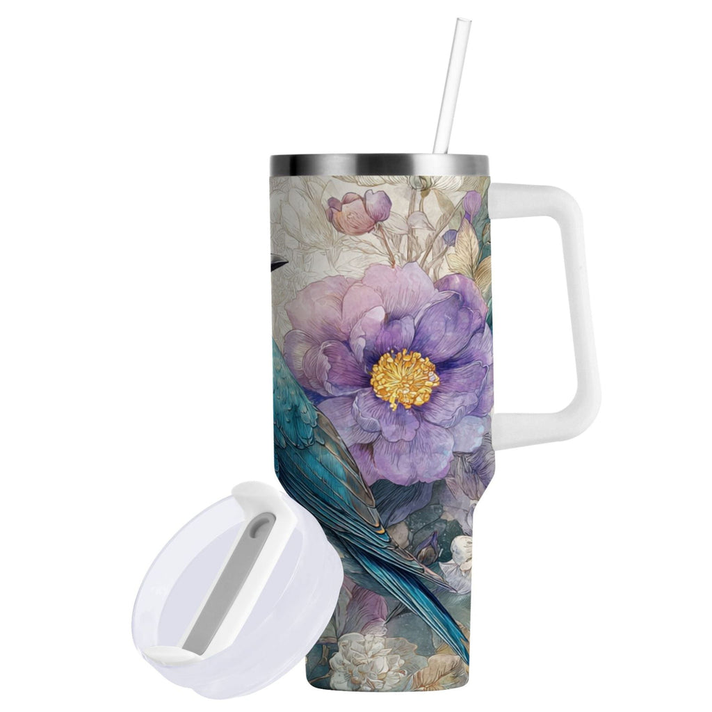 30 oz Insulated Stainless Steel Tumbler Double Wall Stainless Steel Tumbler with 2-Way Drinking Bluebird and Flower - Pick 579