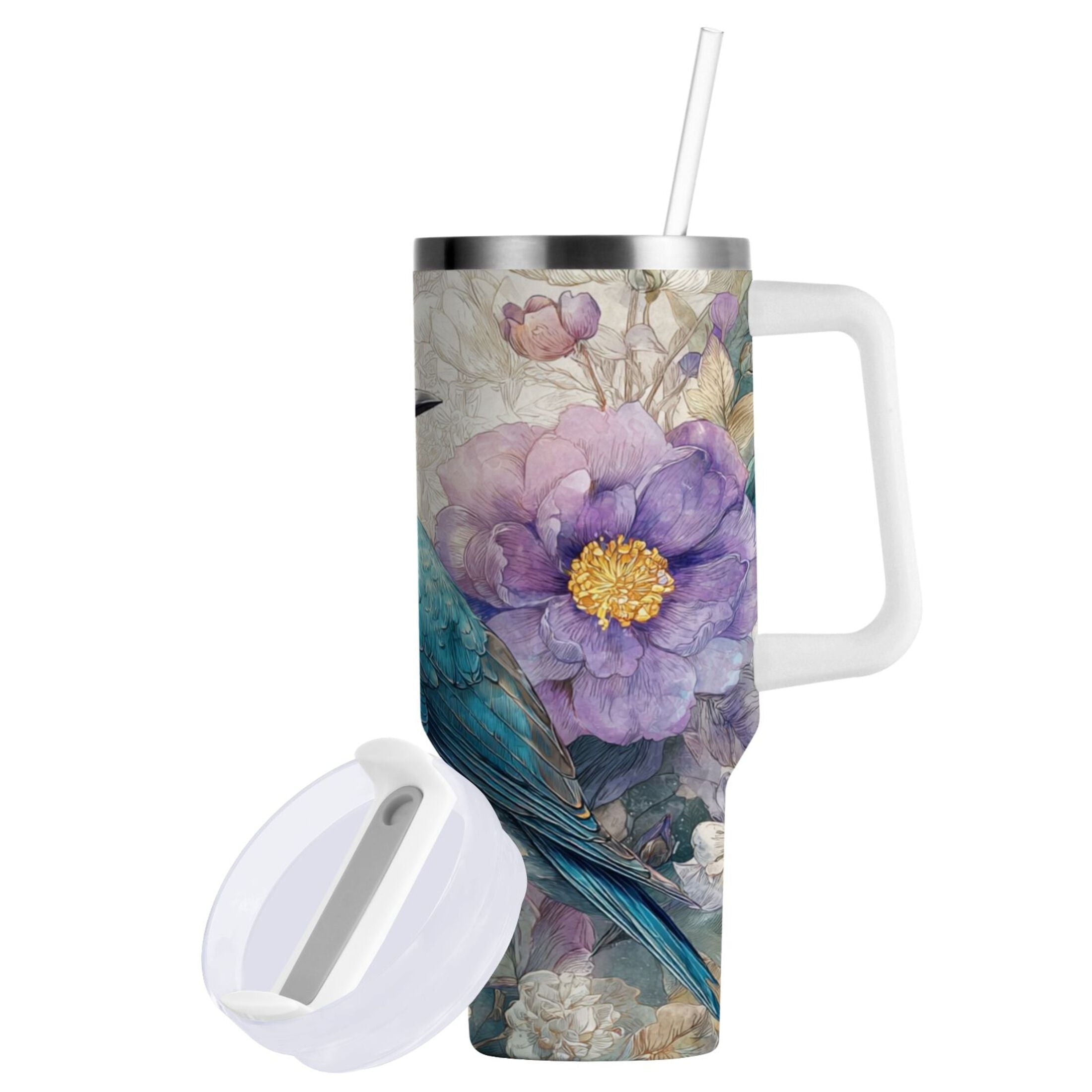 30 oz Insulated Stainless Steel Tumbler Double Wall Stainless Steel Tumbler with 2-Way Drinking Bluebird and Flower - Pick 579