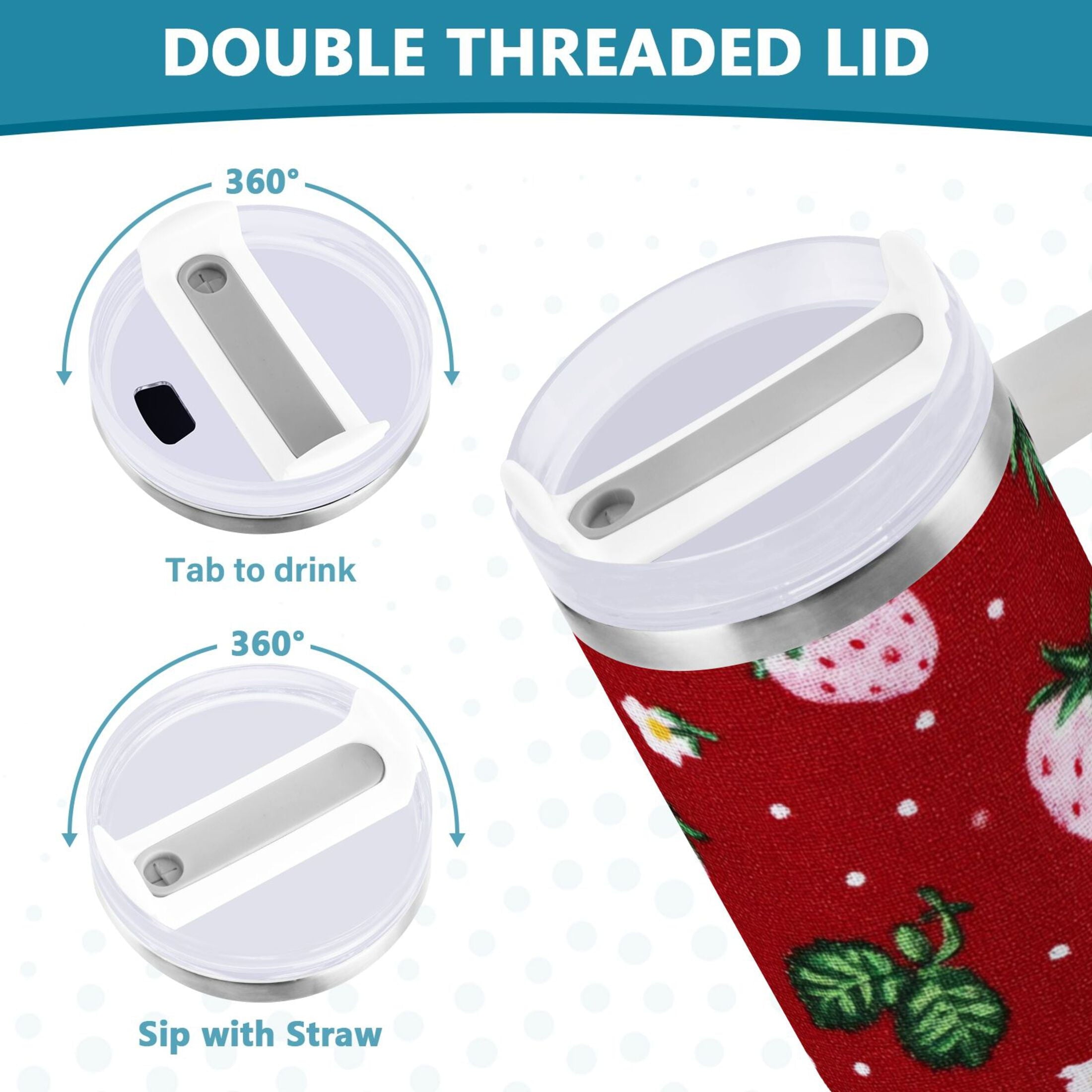 30 oz Insulated Stainless Steel Tumbler Double Wall Stainless Steel Tumbler with 2-Way Drinking Cute Pink Strawberry Pattern - Pick 510
