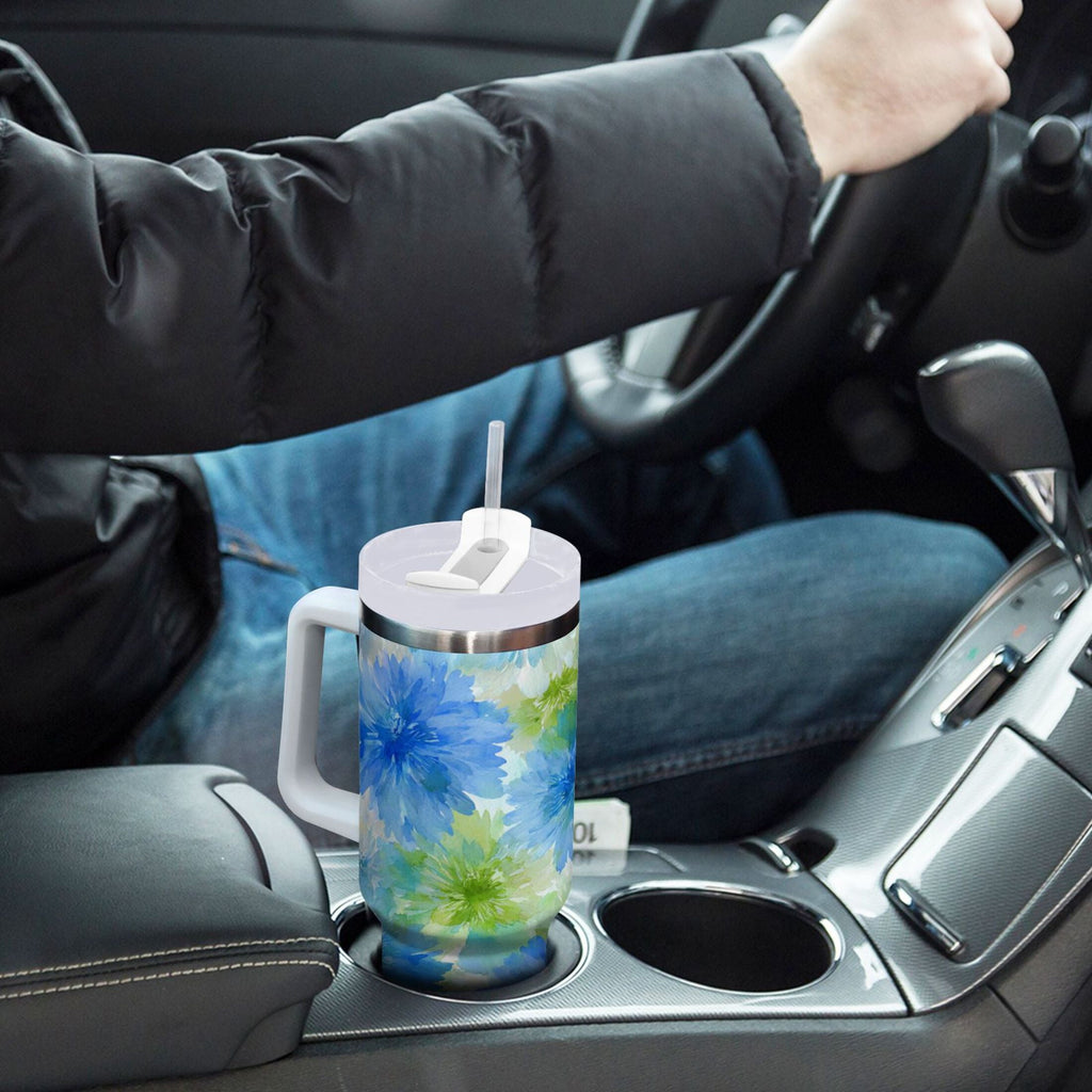 40 oz Insulated Stainless Steel Tumbler Double Wall Stainless Steel Tumbler with 2-Way Drinking Watercolor Blue Cornflowers - Pick 274