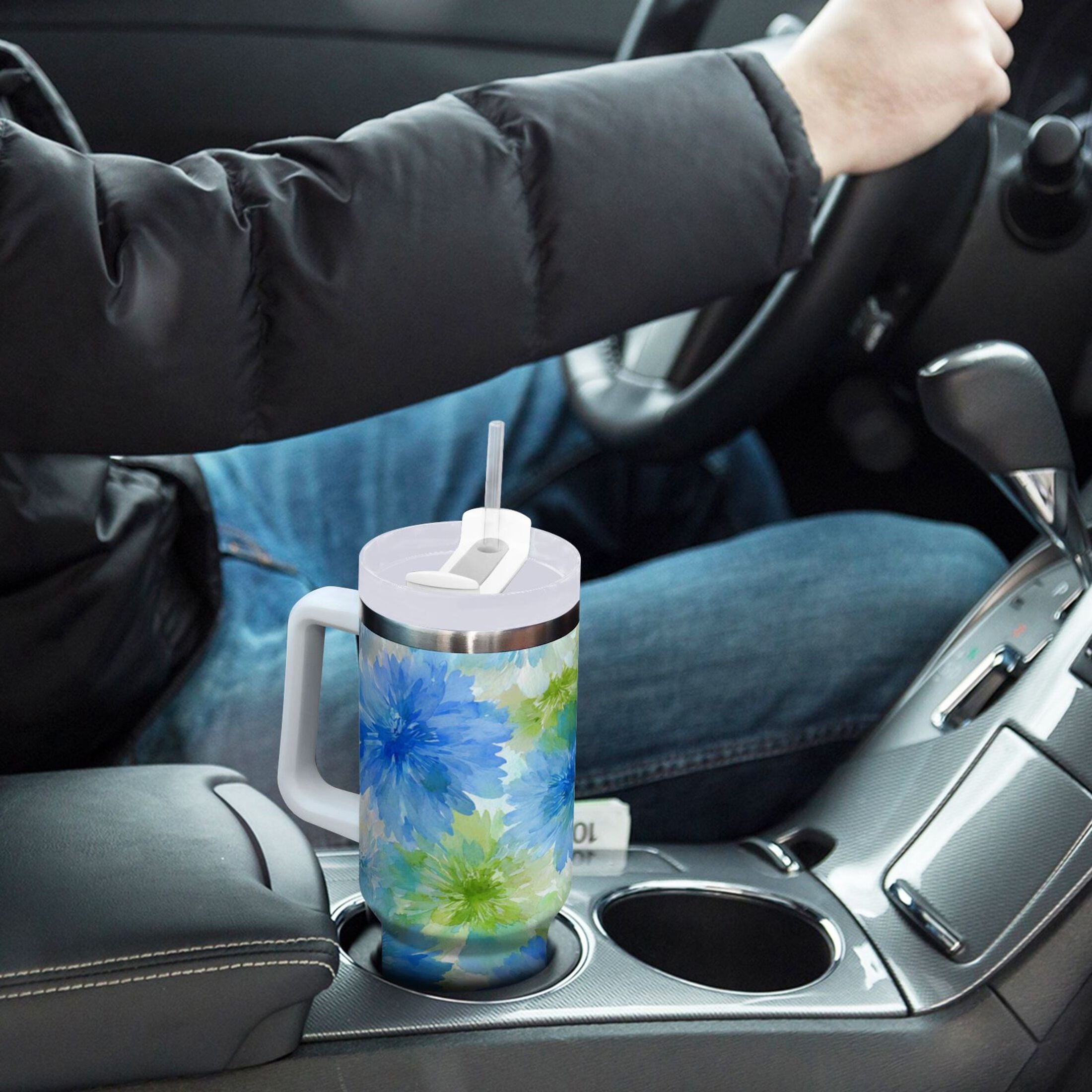 40 oz Insulated Stainless Steel Tumbler Double Wall Stainless Steel Tumbler with 2-Way Drinking Watercolor Blue Cornflowers - Pick 274