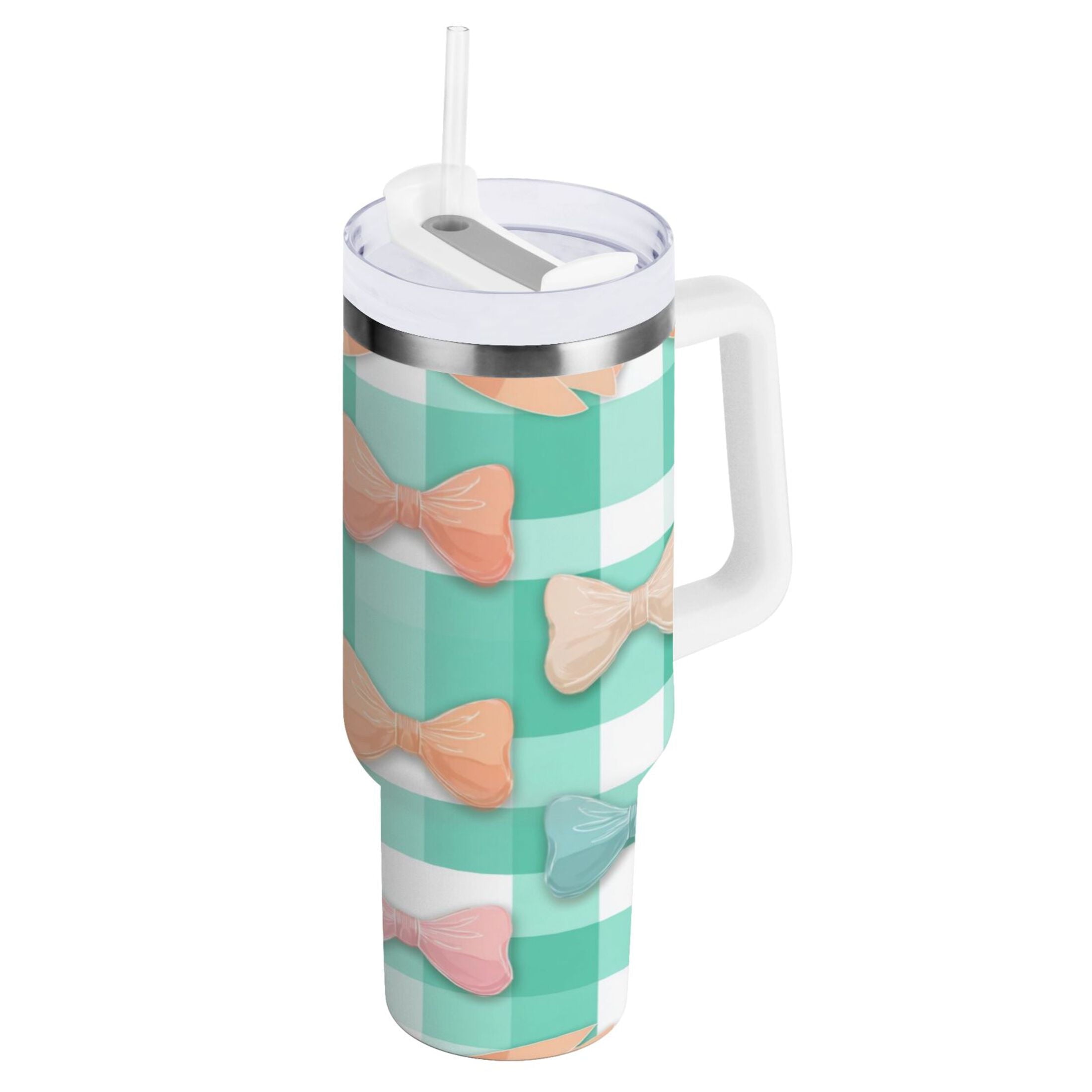40 oz Insulated Stainless Steel Tumbler Double Wall Stainless Steel Tumbler with 2-Way Drinking Pastel Green and Peach Bows - Pick 400