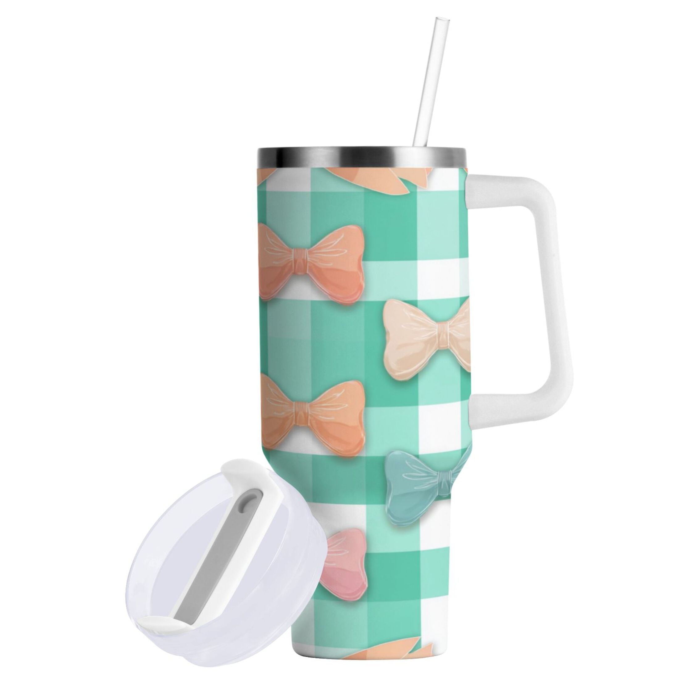 40 oz Insulated Stainless Steel Tumbler Double Wall Stainless Steel Tumbler with 2-Way Drinking Pastel Green and Peach Bows - Pick 400