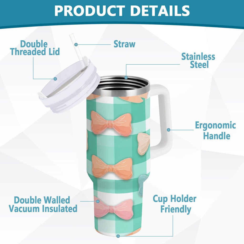 40 oz Insulated Stainless Steel Tumbler Double Wall Stainless Steel Tumbler with 2-Way Drinking Pastel Green and Peach Bows - Pick 400