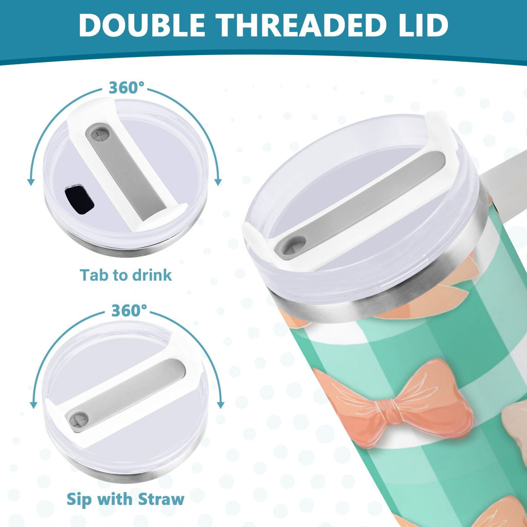 40 oz Insulated Stainless Steel Tumbler Double Wall Stainless Steel Tumbler with 2-Way Drinking Pastel Green and Peach Bows - Pick 400