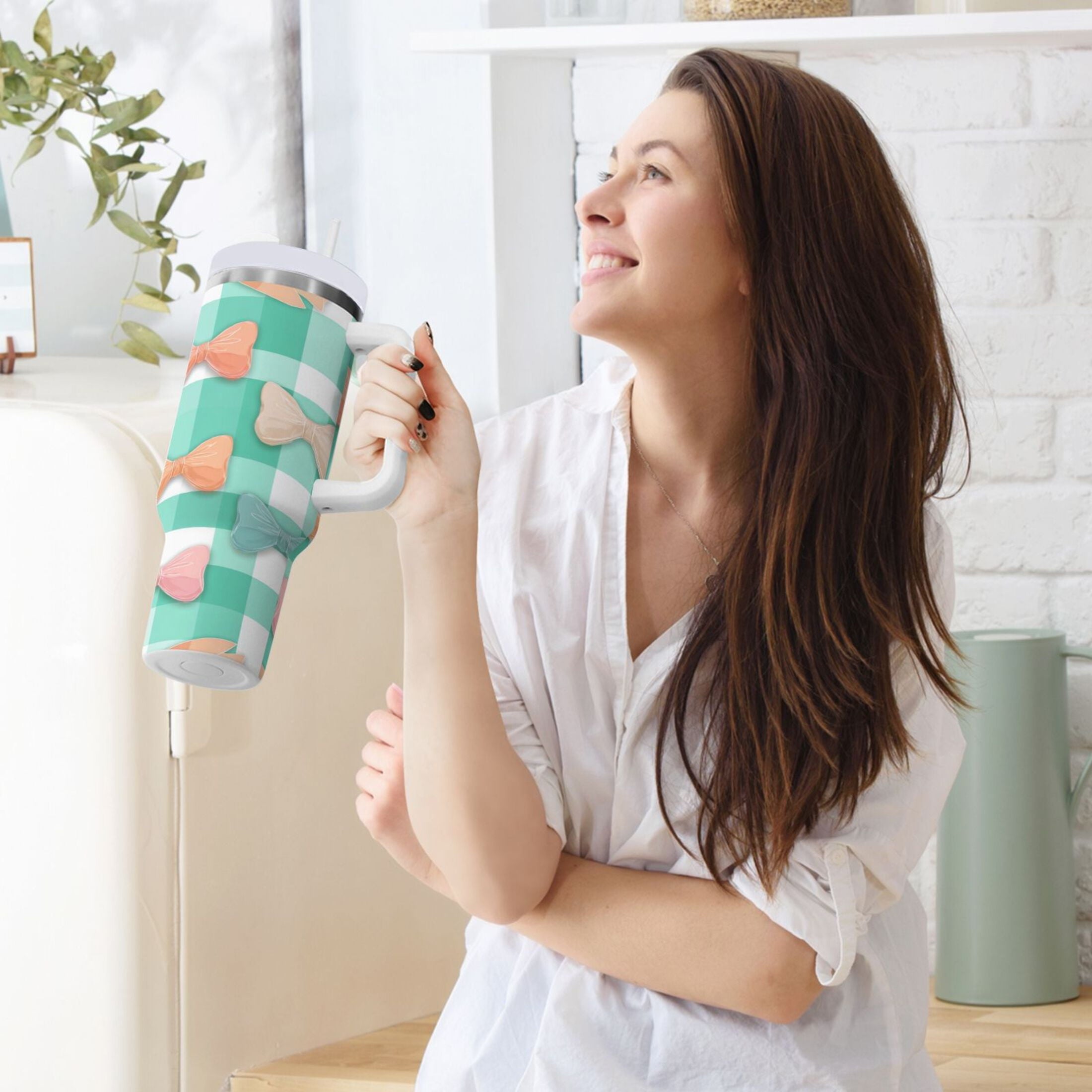 40 oz Insulated Stainless Steel Tumbler Double Wall Stainless Steel Tumbler with 2-Way Drinking Pastel Green and Peach Bows - Pick 400