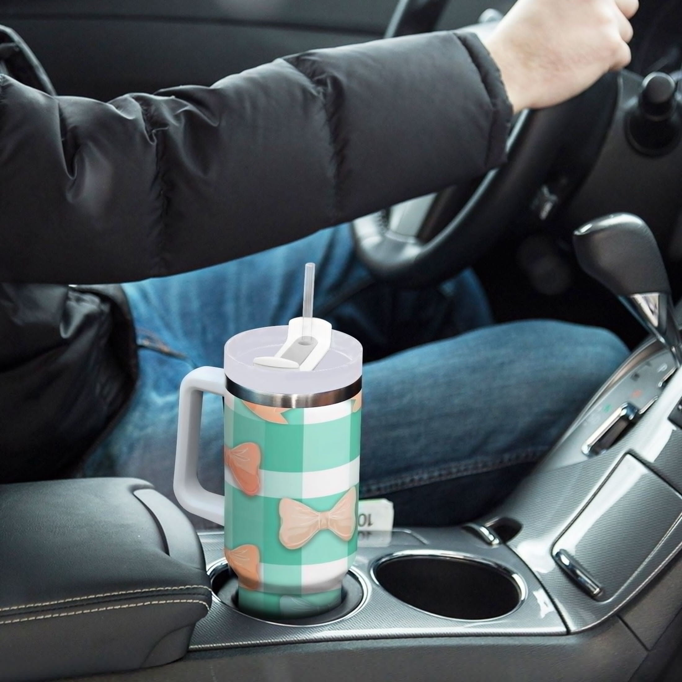40 oz Insulated Stainless Steel Tumbler Double Wall Stainless Steel Tumbler with 2-Way Drinking Pastel Green and Peach Bows - Pick 400