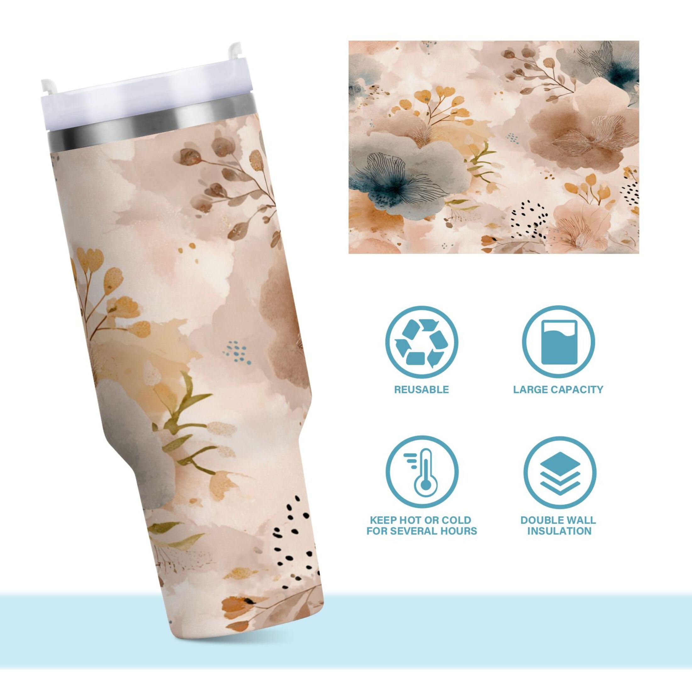 30 oz Insulated Stainless Steel Tumbler Double Wall Stainless Steel Tumbler with 2-Way Drinking Hazy Ethereal Flowers - Pick 982