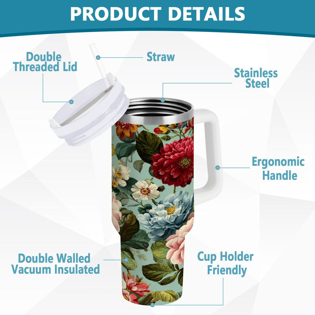 40 oz Insulated Stainless Steel Tumbler Double Wall Stainless Steel Tumbler with 2-Way Drinking Floral Pattern with Roses - Pick 361