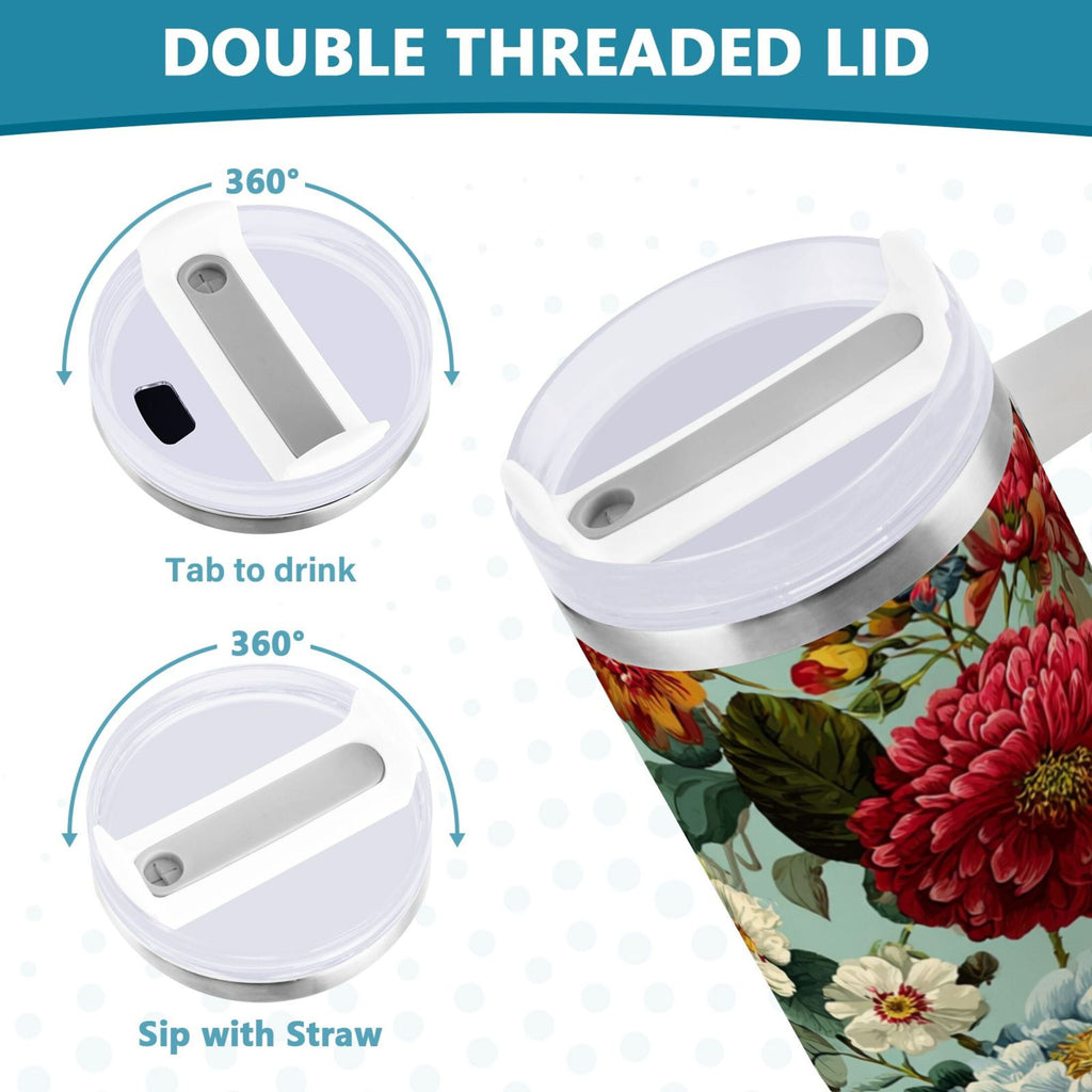 40 oz Insulated Stainless Steel Tumbler Double Wall Stainless Steel Tumbler with 2-Way Drinking Floral Pattern with Roses - Pick 361