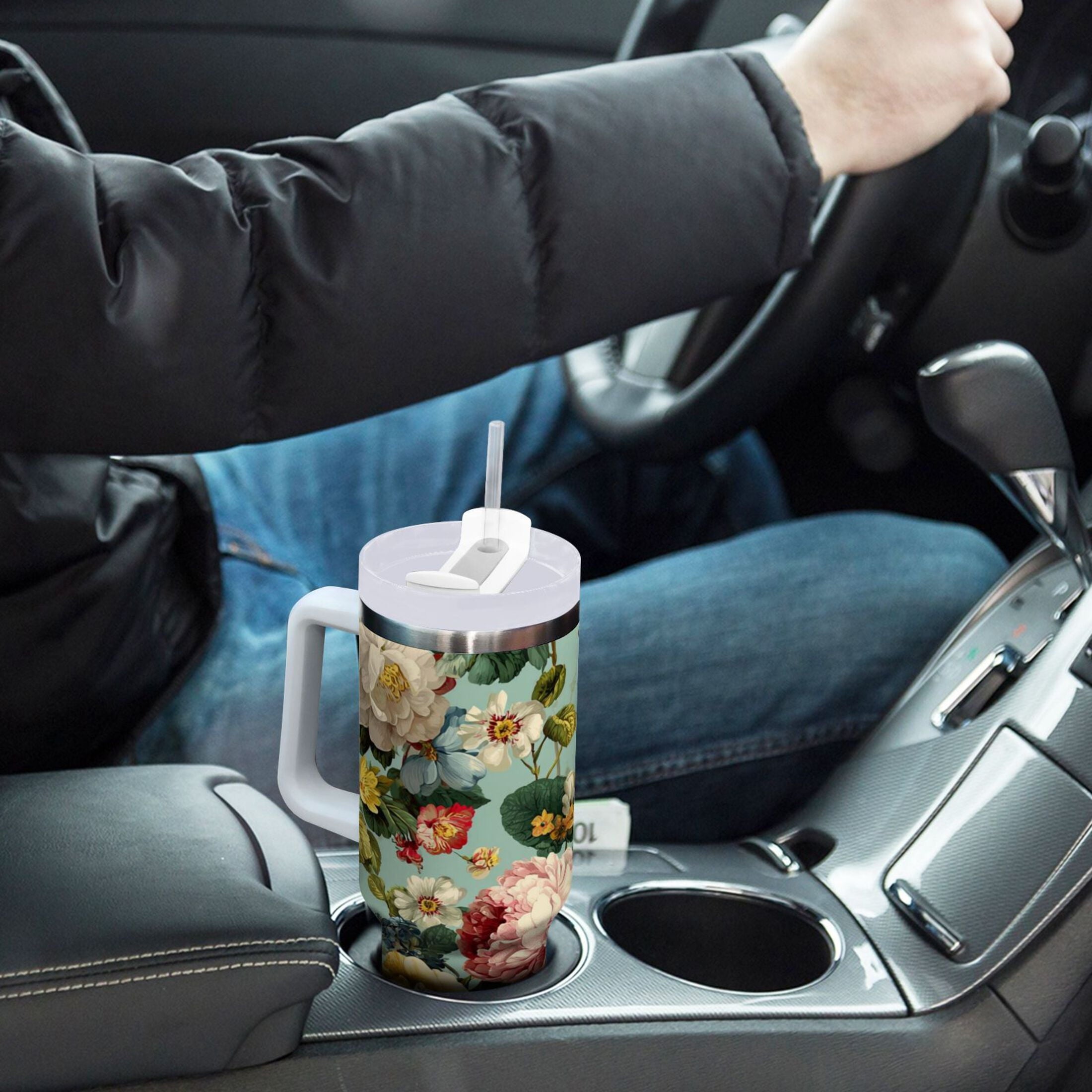 40 oz Insulated Stainless Steel Tumbler Double Wall Stainless Steel Tumbler with 2-Way Drinking Floral Pattern with Roses - Pick 361