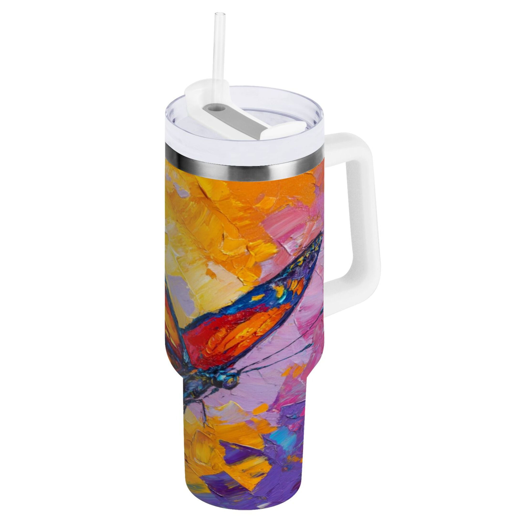 30 oz Insulated Stainless Steel Tumbler Double Wall Stainless Steel Tumbler with 2-Way Drinking Colorful Butterfly Flying - Pick 408