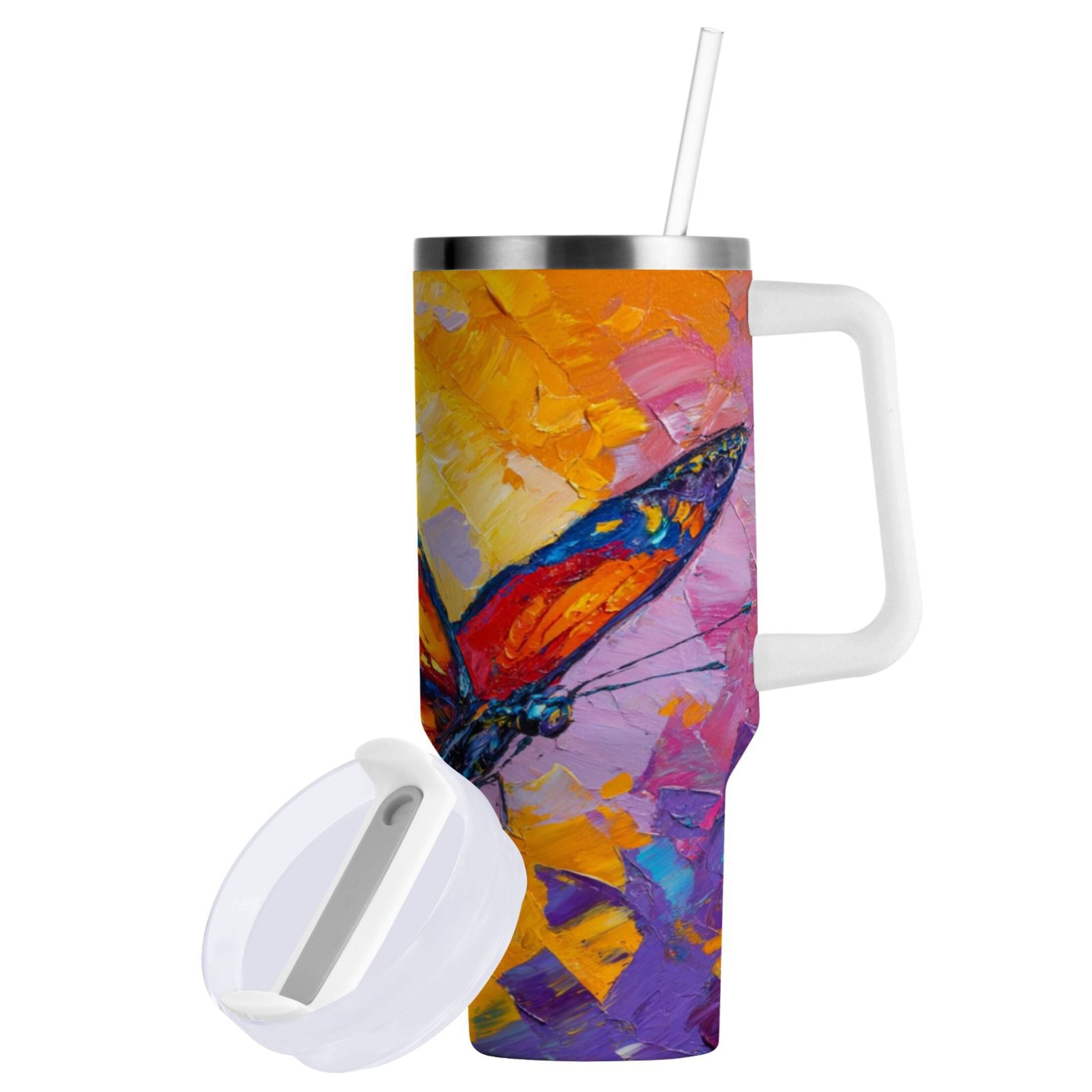 30 oz Insulated Stainless Steel Tumbler Double Wall Stainless Steel Tumbler with 2-Way Drinking Colorful Butterfly Flying - Pick 408