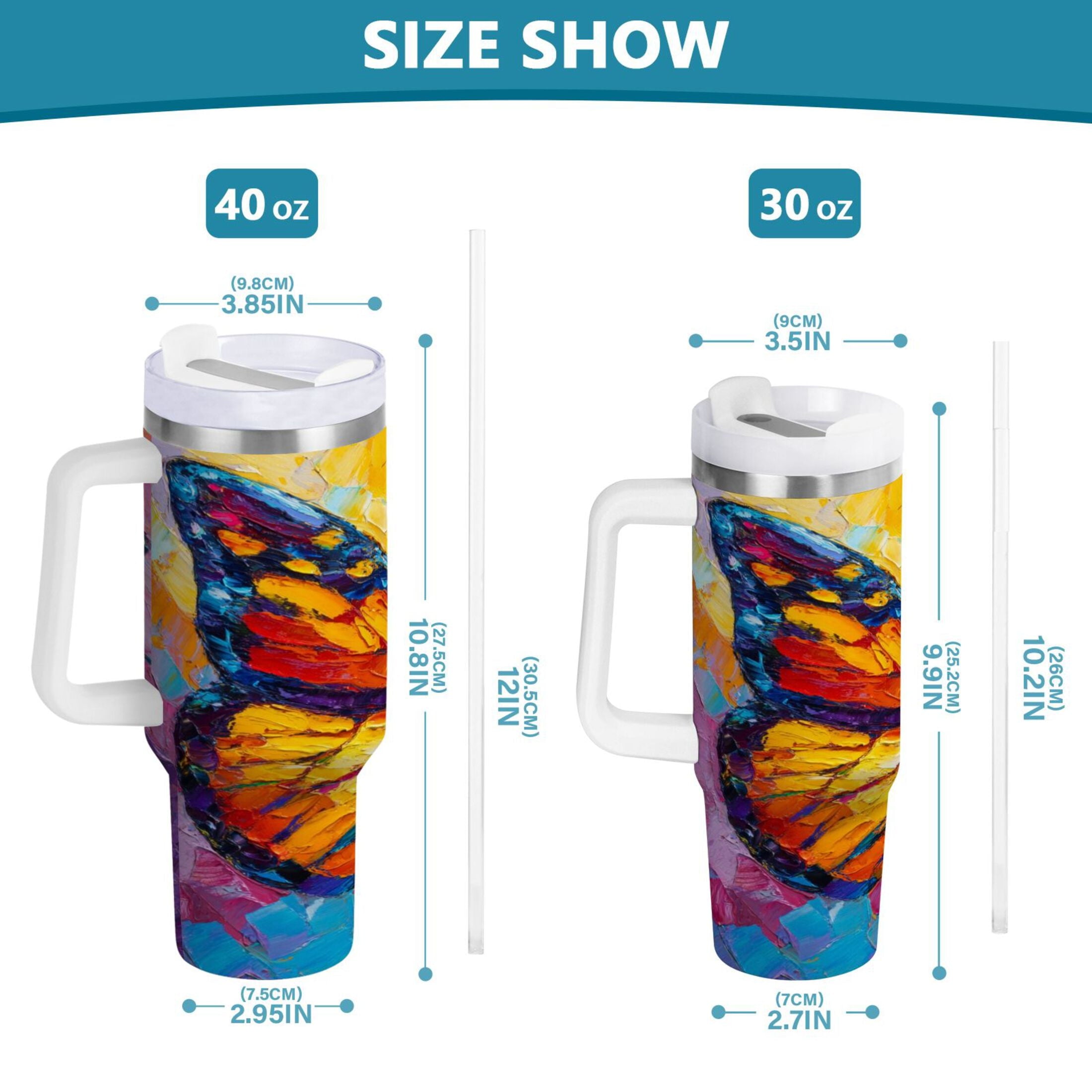 30 oz Insulated Stainless Steel Tumbler Double Wall Stainless Steel Tumbler with 2-Way Drinking Colorful Butterfly Flying - Pick 408