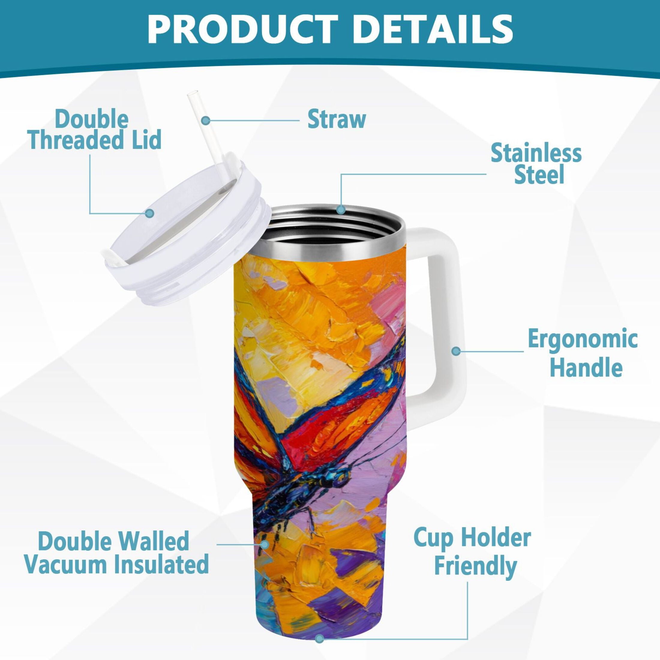 30 oz Insulated Stainless Steel Tumbler Double Wall Stainless Steel Tumbler with 2-Way Drinking Colorful Butterfly Flying - Pick 408