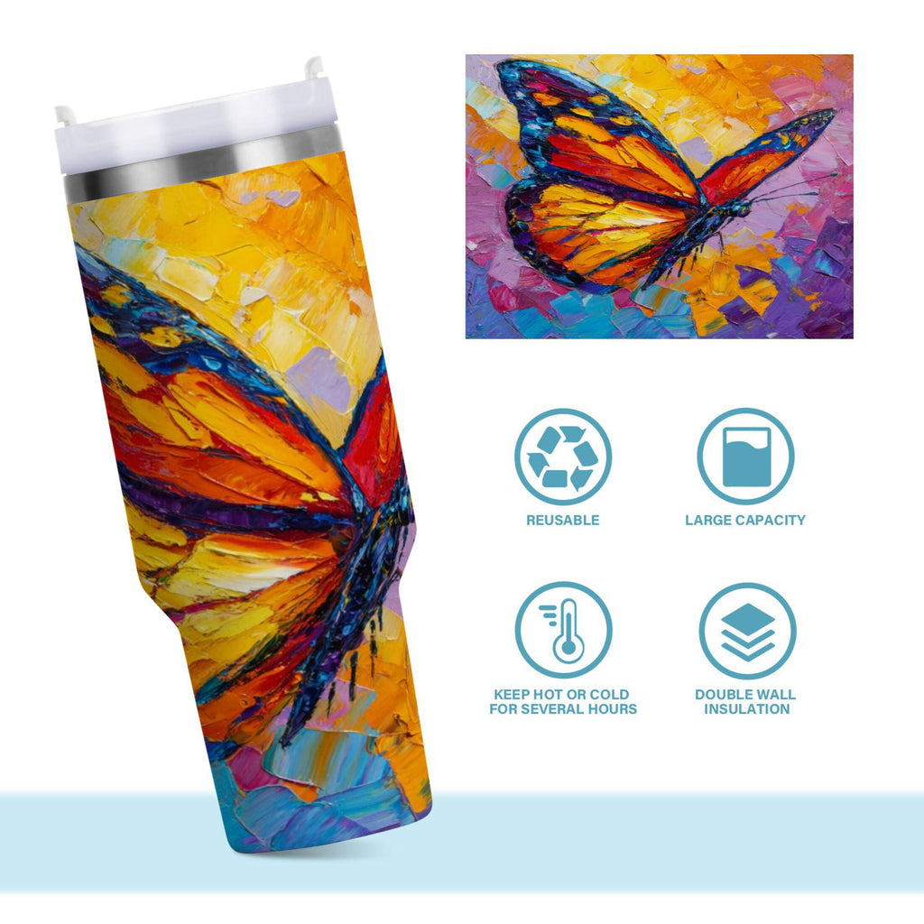 30 oz Insulated Stainless Steel Tumbler Double Wall Stainless Steel Tumbler with 2-Way Drinking Colorful Butterfly Flying - Pick 408