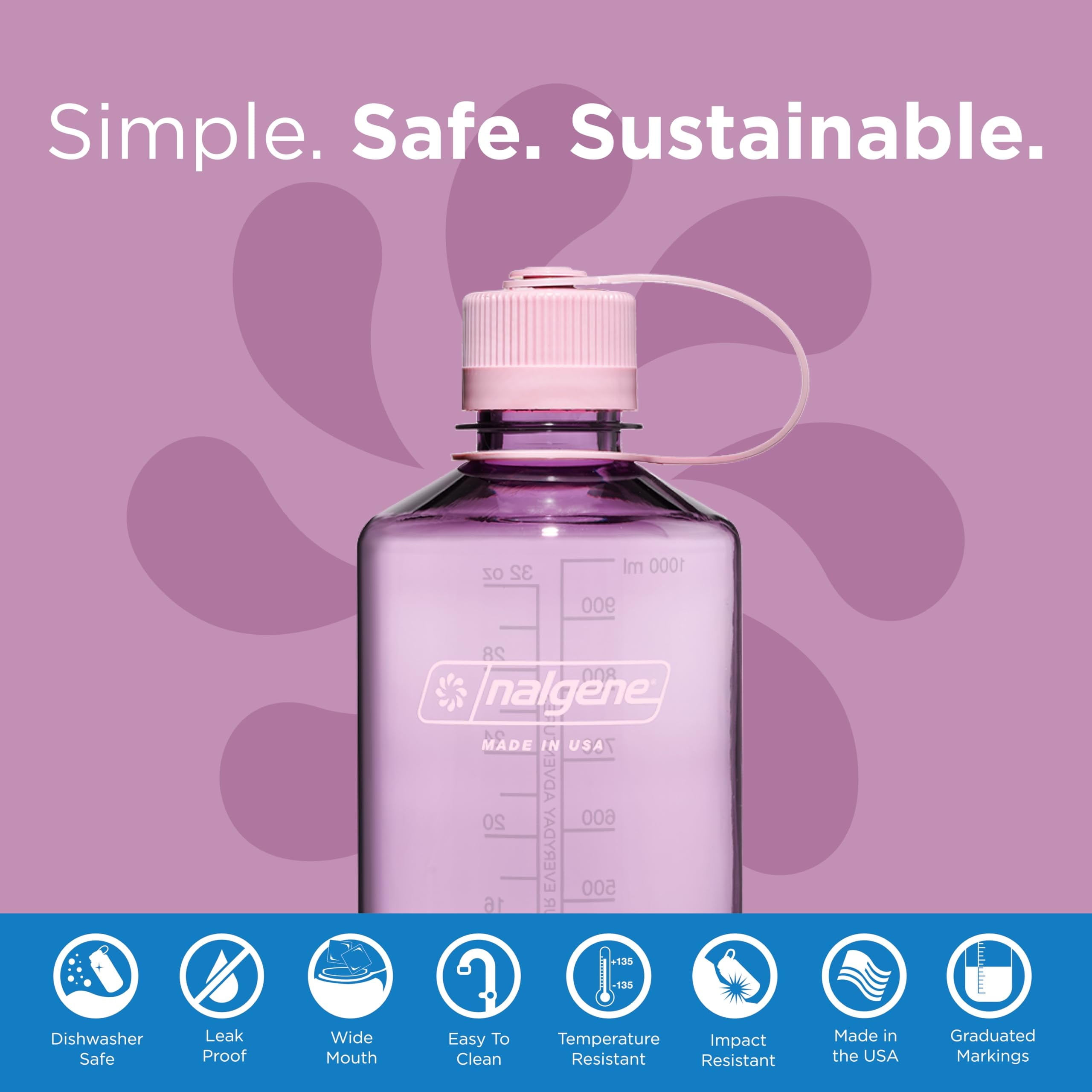 Nalgene Sustain Tritan BPA-Free Water Bottle Made with Material Derived from 50% Plastic Waste (using ISCC certified mass balance), 32 OZ, Narrow Mouth, Cherry Blossom - Pick 370