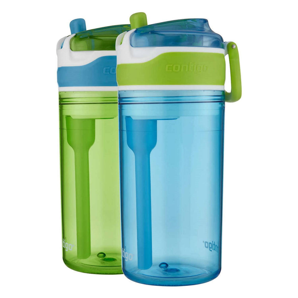 Contigo Kids 2-in-1 Snack Hero Tumbler Featuring 4oz Snack Holder Stacked on Top of 13oz Water Bottle - BPA Free, Durable Tritan w/Flexible Carry Handle &amp; Spill-Proof Valve, Green &amp; Blue – 2 Pack - Pick 448
