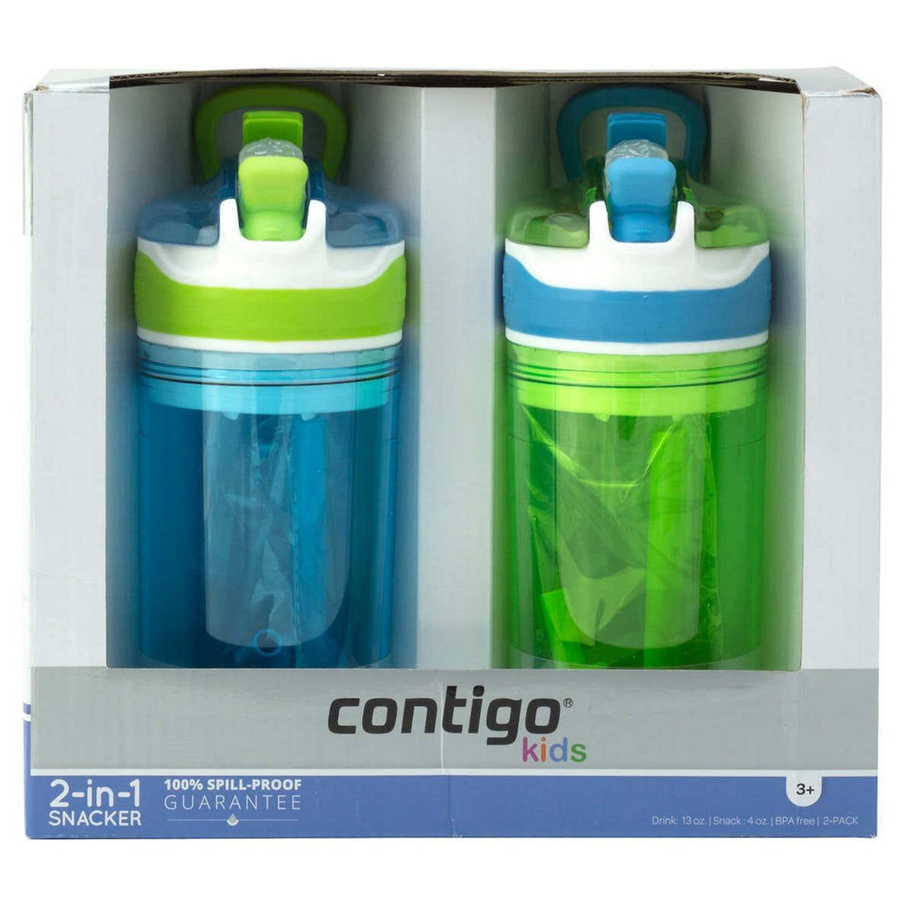 Contigo Kids 2-in-1 Snack Hero Tumbler Featuring 4oz Snack Holder Stacked on Top of 13oz Water Bottle - BPA Free, Durable Tritan w/Flexible Carry Handle &amp; Spill-Proof Valve, Green &amp; Blue – 2 Pack - Pick 448