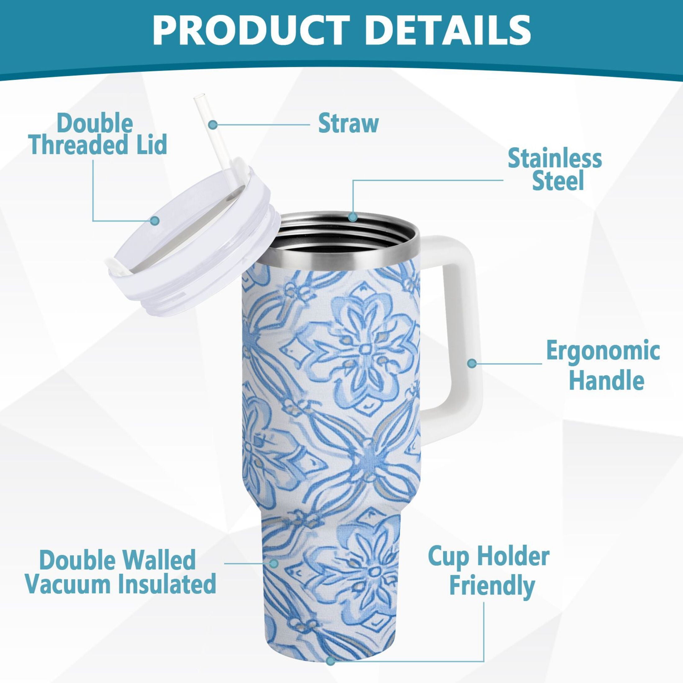 30 oz Insulated Stainless Steel Tumbler Double Wall Stainless Steel Tumbler with 2-Way Drinking Blue Elegant Geometric Design - Pick 988