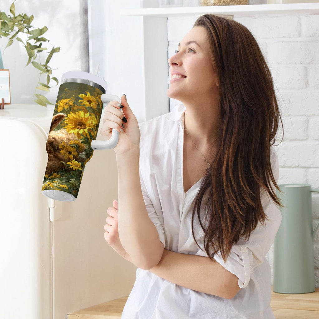 40 oz Insulated Stainless Steel Tumbler Double Wall Stainless Steel Tumbler with 2-Way Drinking Cow Lying in Sunflowers - Pick 435