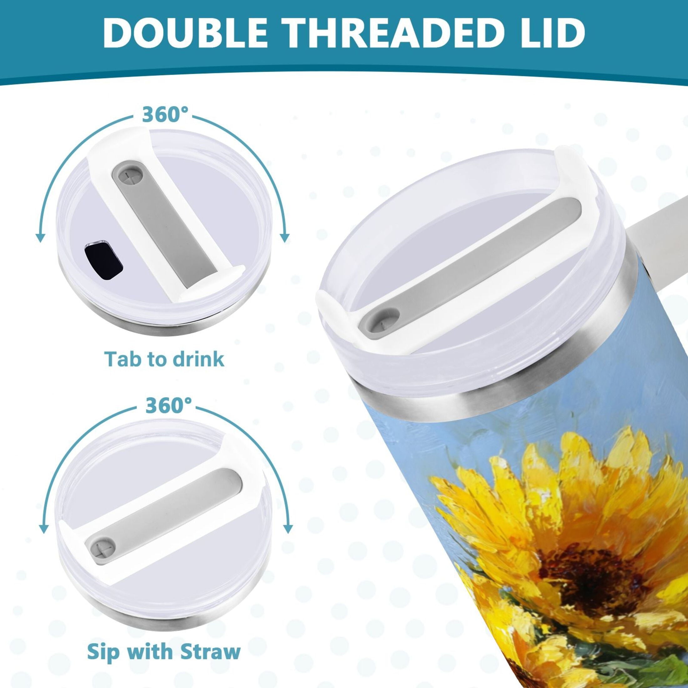 40 oz Insulated Stainless Steel Tumbler Double Wall Stainless Steel Tumbler with 2-Way Drinking Sunflowers Painting - Pick 809