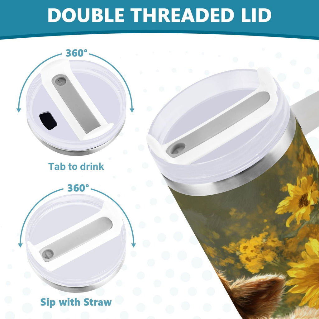 40 oz Insulated Stainless Steel Tumbler Double Wall Stainless Steel Tumbler with 2-Way Drinking Cow Lying in Sunflowers - Pick 435